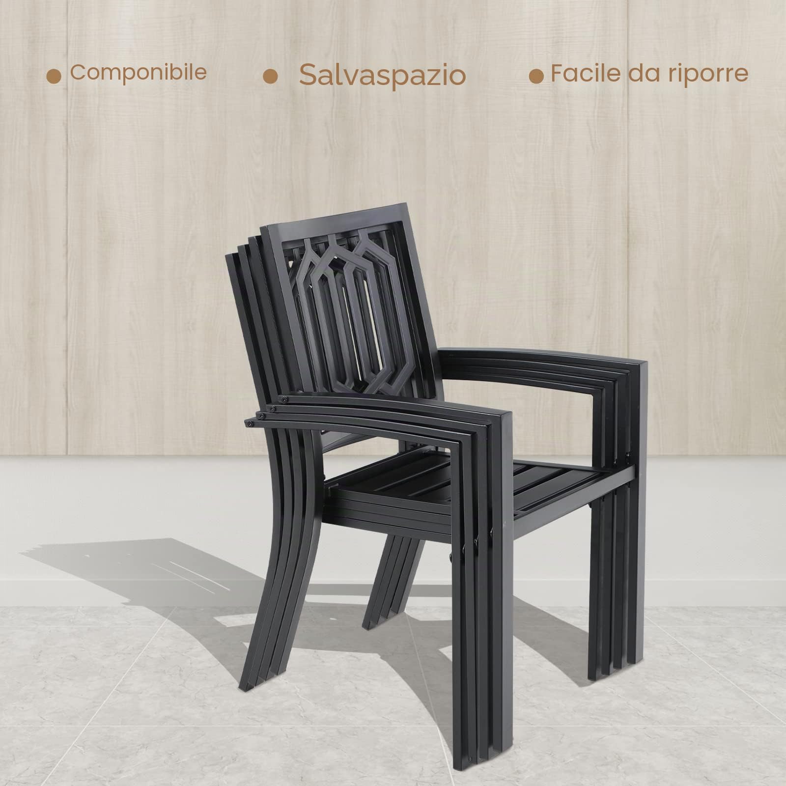 PHIVILLA Sedia da giardino in metallo per esterni, terrazza, sedie da giardino, impilabili, per sala da pranzo, set da 2 pezzi, nero