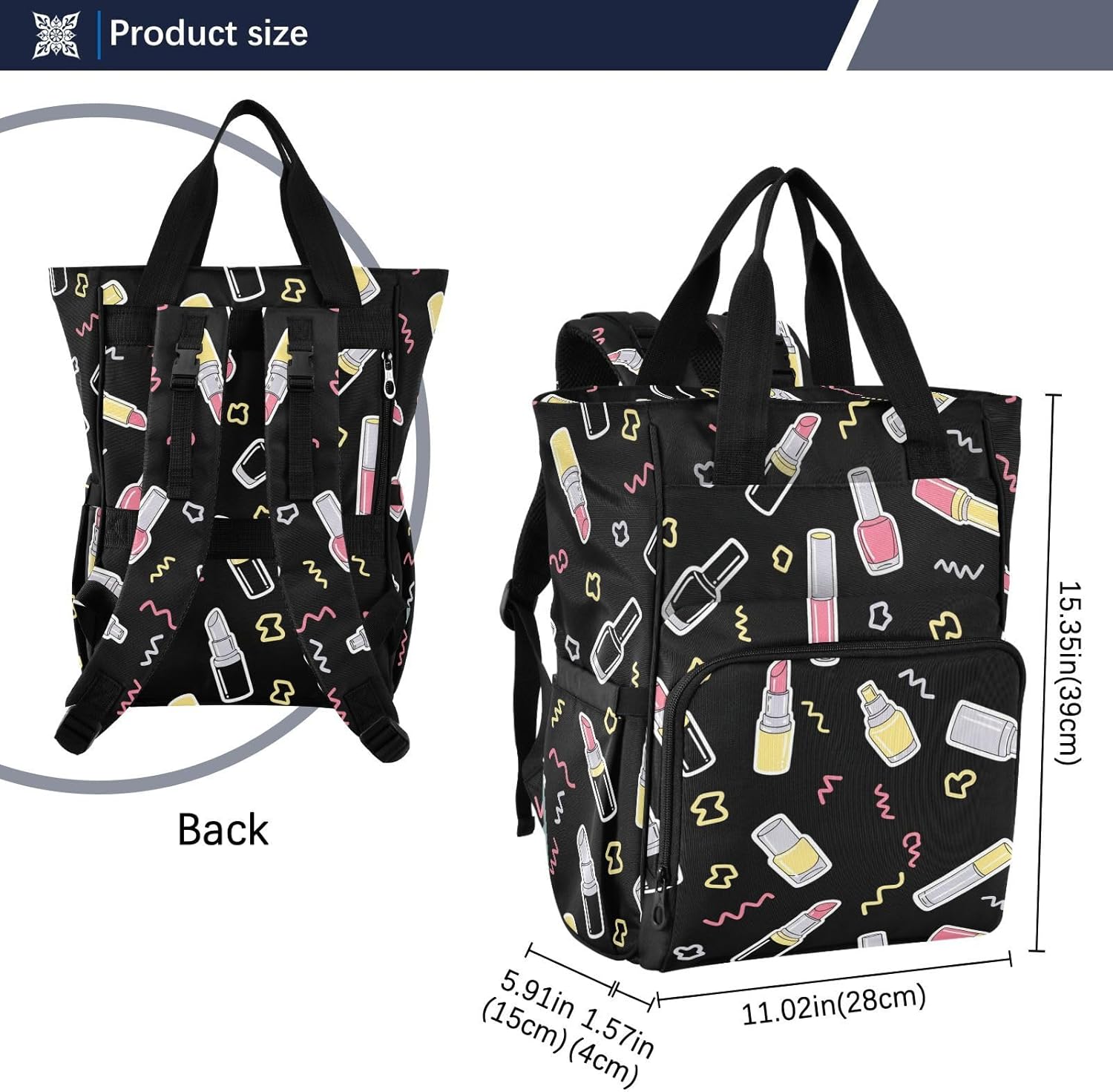 Beauty Lipstick Black Print Diaper Bag Backpack for Baby Boys Girls Multifunction Baby Essentials Travel Tote with Stroller Straps & Bottle Storage Large Travel Diaper Backpack for Baby Gifts