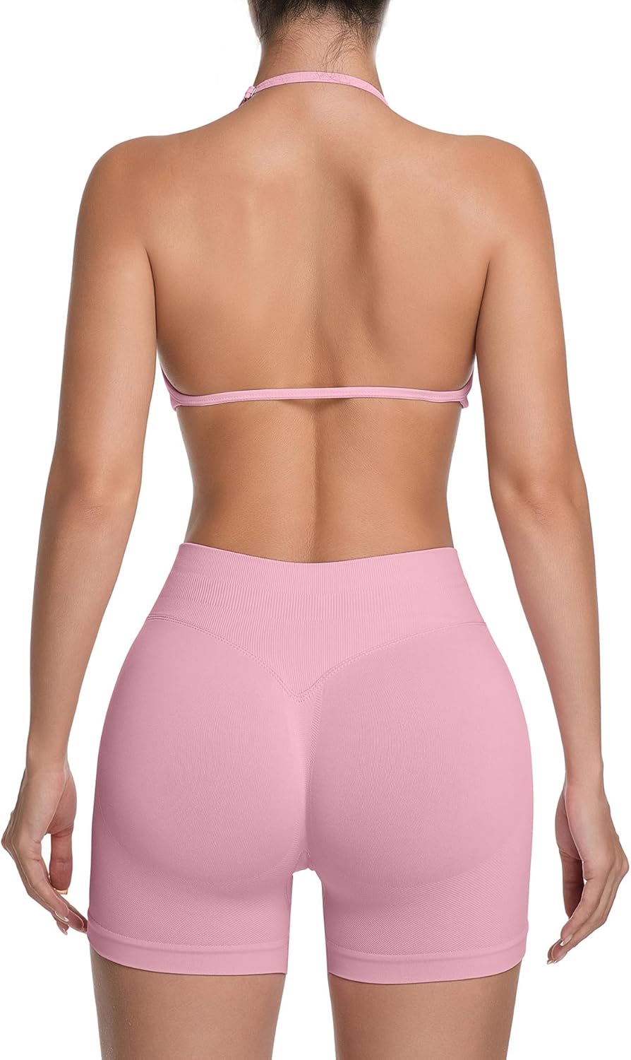 Comper 2 Piece Workout Sets for Women Halter Strappy Sports Bra with Seamless Ribbed Gym Yoga shorts Outfits - Image 2