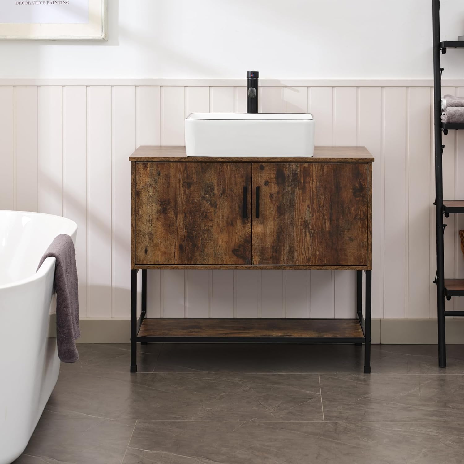 UEV Rustic Brown 36 Inch Bathroom Vanity with Sink,Industrial Iron Frame Bathroom Cabinet Set with Doors & Shelf,with Modern Artistic Ceramic Vessel Sink Combo