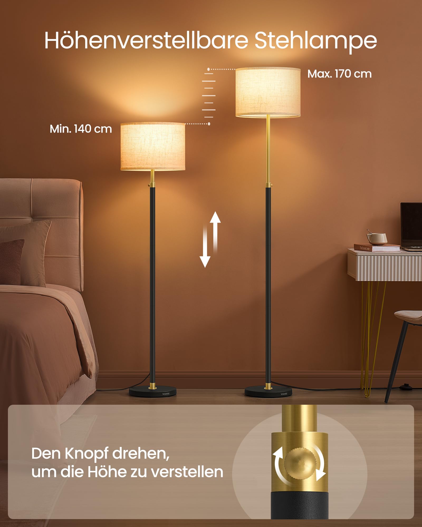 VASAGLE Stehleuchte, Standleuchte, Stehlampe, höhenverstellbare Leselampe, 140-170 cm hoch, modern, mit Fußtaster, Lampenschirm aus Stoff, E27 Fassung, gold-schwarz LFL002B02