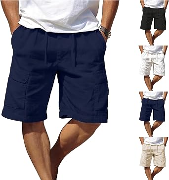 BFAFEN Mens Shorts Cotton Linen Drawstring Elastic Waist Lightweight Breathable Casual Summer Beach Shorts with Multi Pockets