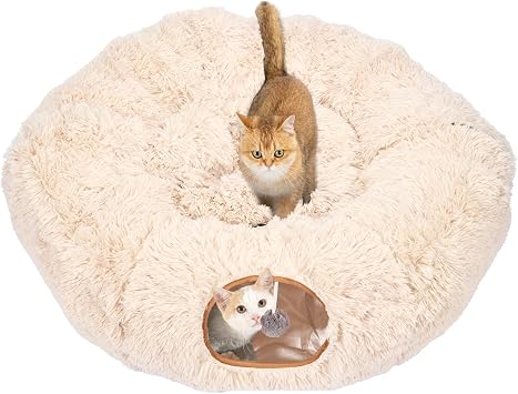 Avont Cat Tunnel Bed, Washable Cushion, Large 3-in-1 Play Tube for Cats | Play, Rest & Snuggle | Spacious for Big Cats | Durable Toggle Design | Removable Washable Cushion | Beige
