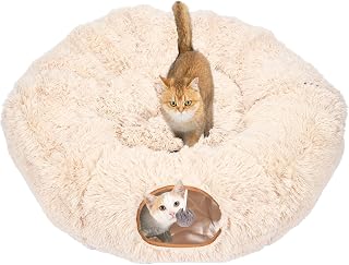 Avont Katzentunnel mit Zentralem Kissen, Weiche Katzenspielzeug Runde Multi-Function Versteck Katzenbett - Beige