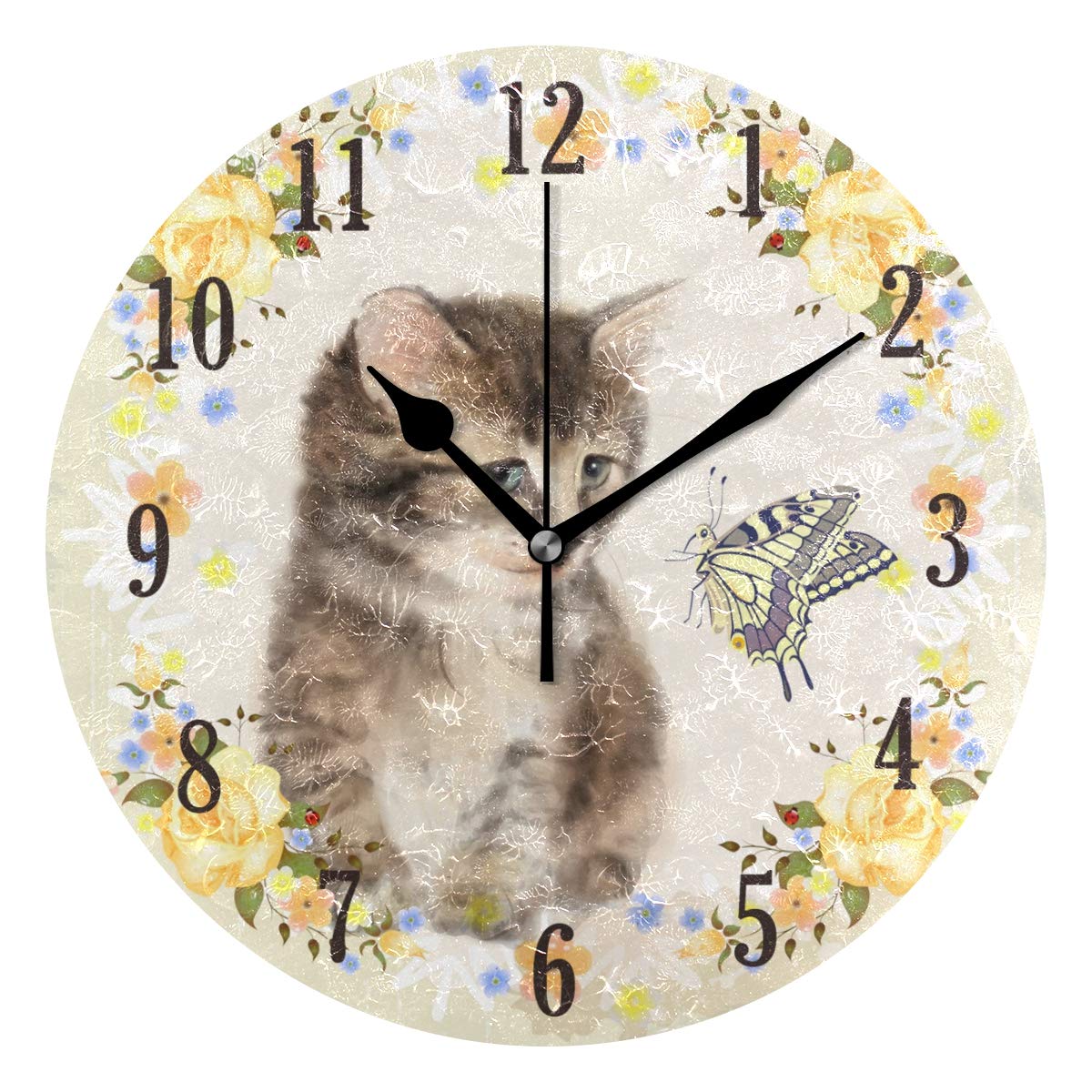 Horloge murale silencieuse décorative de salon chat et papillon