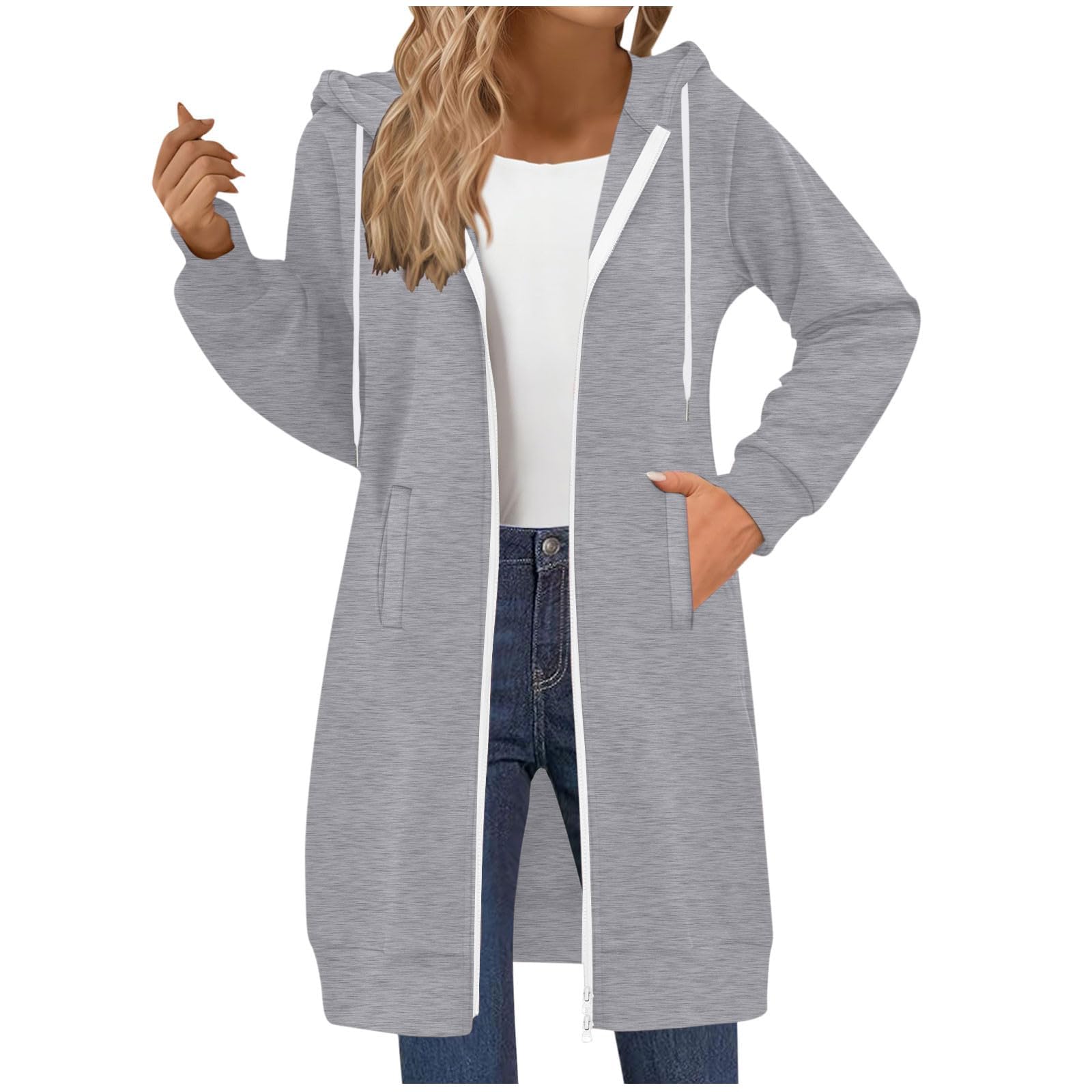 Bluza z kapturem na zamek dla kobiet, długa tunika, bluza z kapturem, bluza z kapturem z kieszeniami, jesienno-zimowa modna odzież
