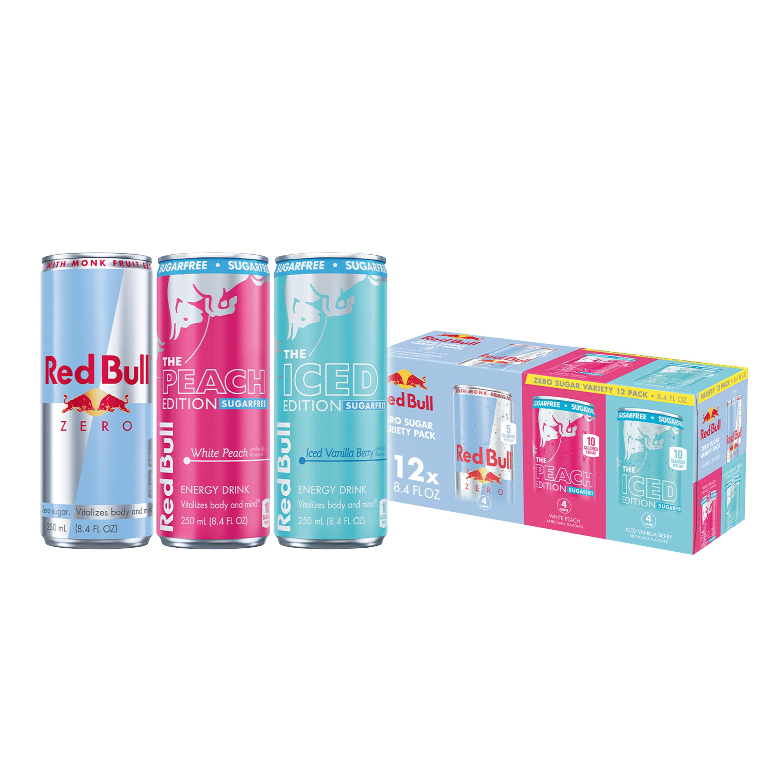 Red Bull Bebida energética sem açúcar, sabores White Peach, Iced Vanilla Berry e Zero, 80 mg de cafeína, 12 latas