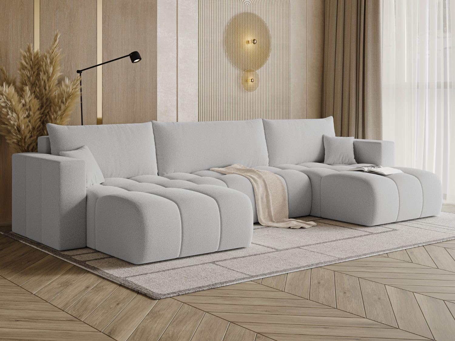 GRAINGOLD Neva U Ecksofa mit Schlaffunktion & Bettkasten 370x170 cm, U-Form Sofa mit Stauraum, Schlafcouch für Wohnzimmer, Bouclé-Stoff, 5-Sitzer Wohnlandschaft, Modernes Design (Dunkelgrau)