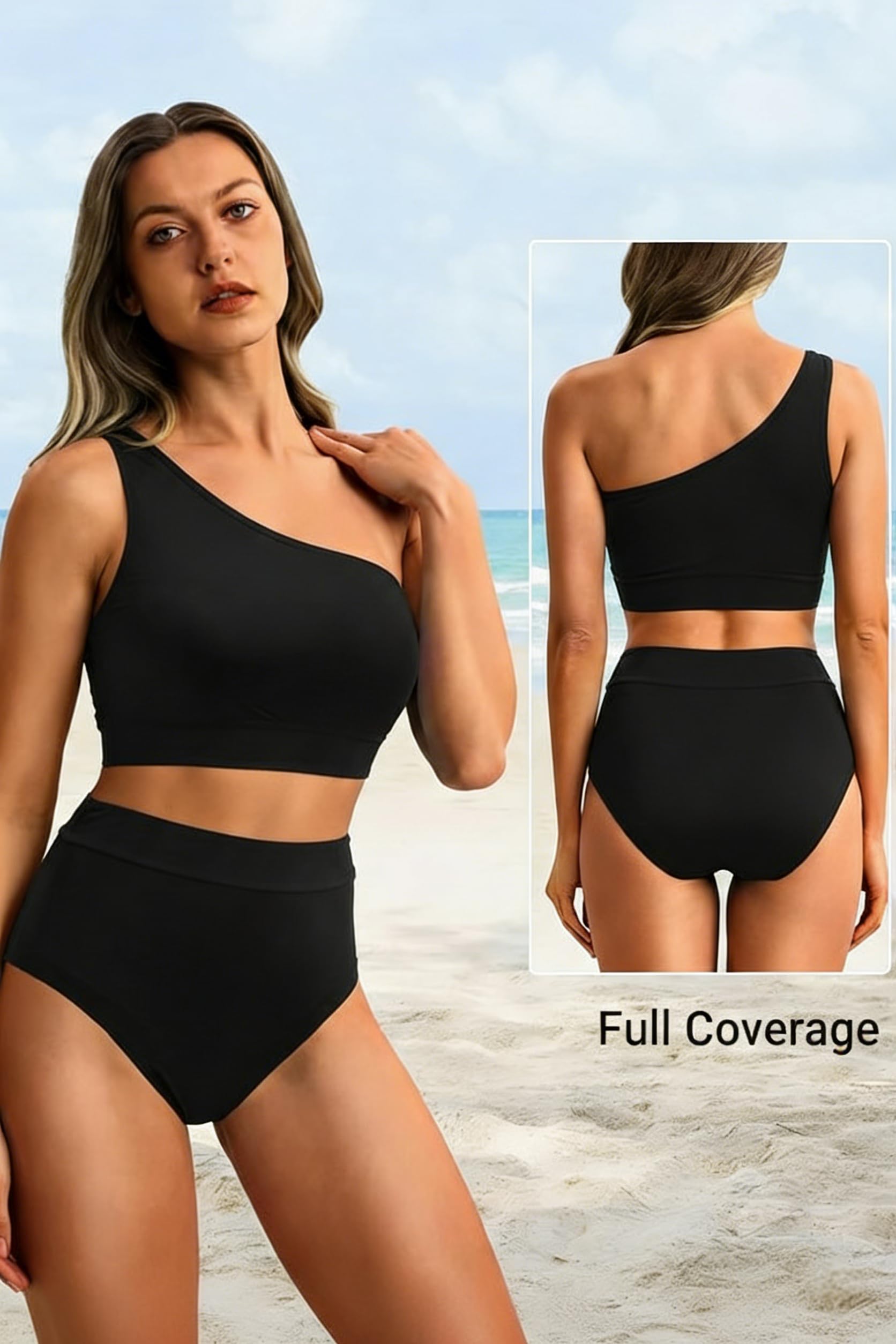 Holipick Damen-Bikini-Set mit einer Schulter, hohe Taille, Farbblock, zweiteiliger Badeanzug
