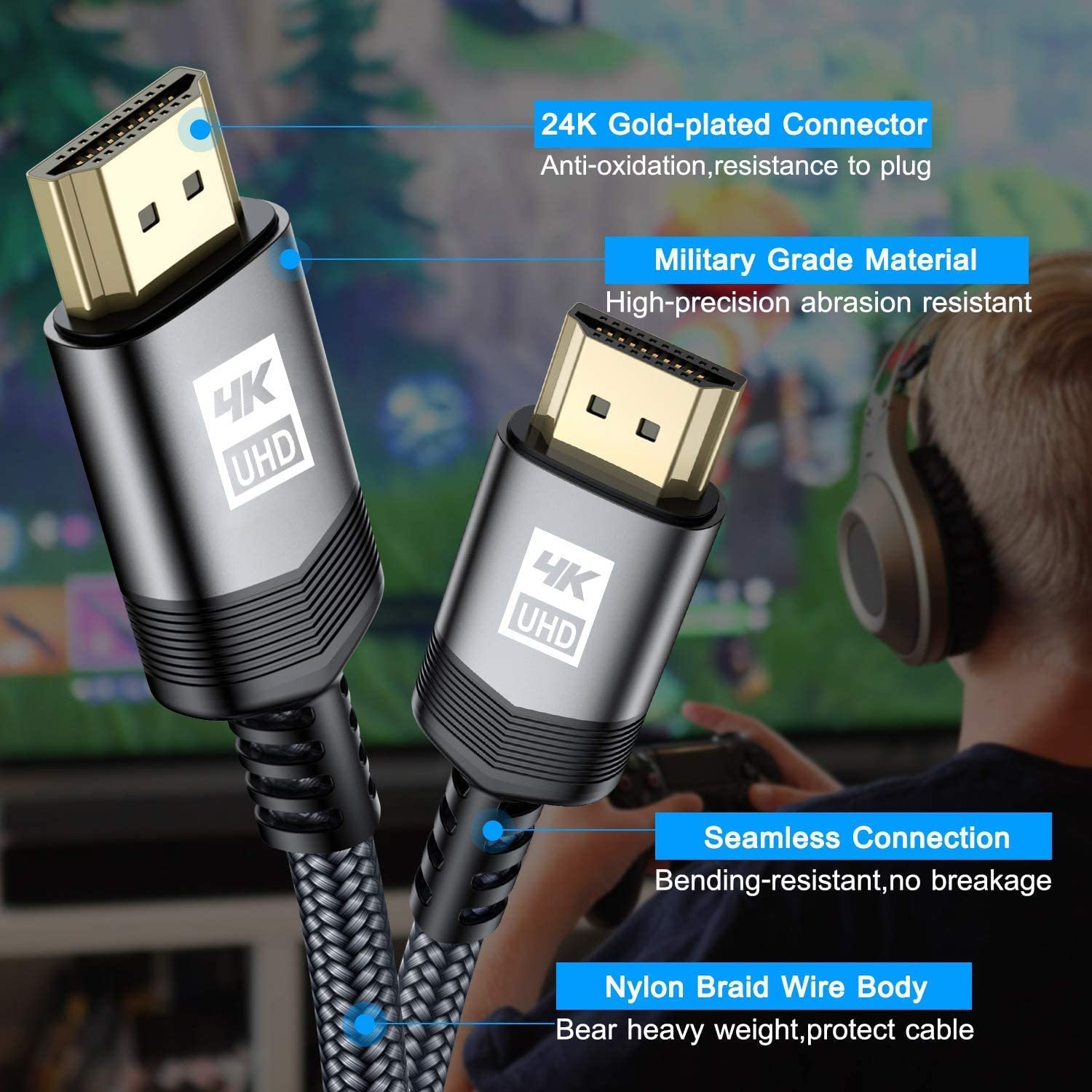 AviBrex Cavo HDMI 4K da 12 m, cavo HDMI 2.0 intrecciato ad alta velocità 18 Gbps, supporto 4K a 60 Hz 2K a 144/165 Hz ARC, HDR, 3D, TV compatibile, Blu-Ray, PS4/5, Xbox one, proiettore, soundbar, Sky