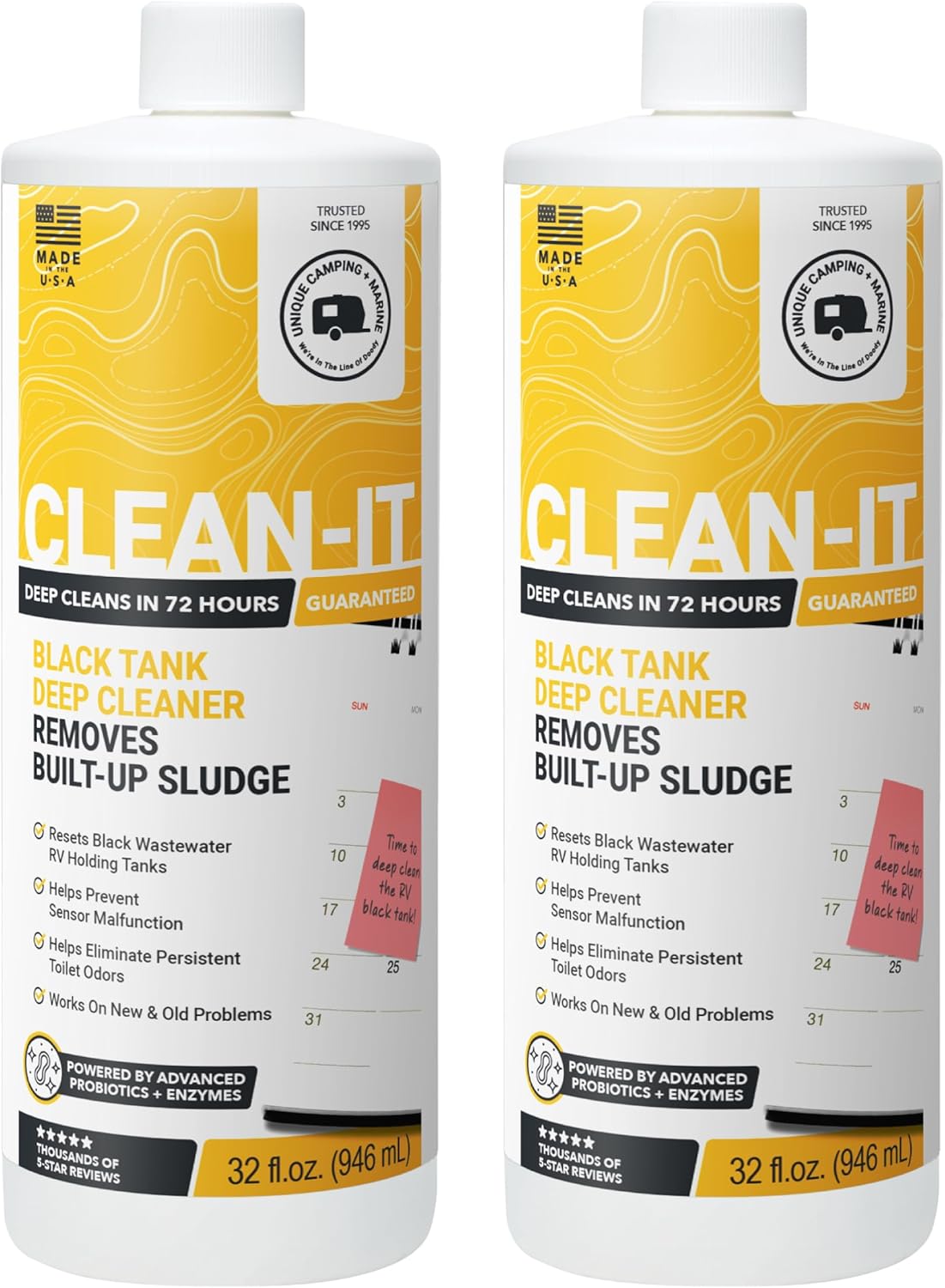 Unique Clean-It RV Black Tank Cleaner Liquid - Effectively Resets Dirty RV Black Tanks - Eliminates Odors and Waste (32 oz) Amazon Exclusive Packaging
