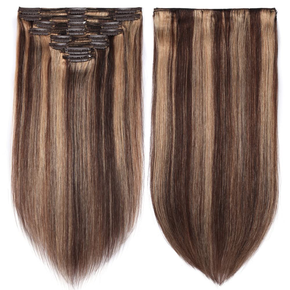 MY-LADY Double Weft 100% Remy Human Hair Clip in Extensions Highlight Full Head Thick Long Soft Silky Straight 8pcs 18clips (14" / 14 inch 120g,#4/27 Medium brown/Dark Blonde)