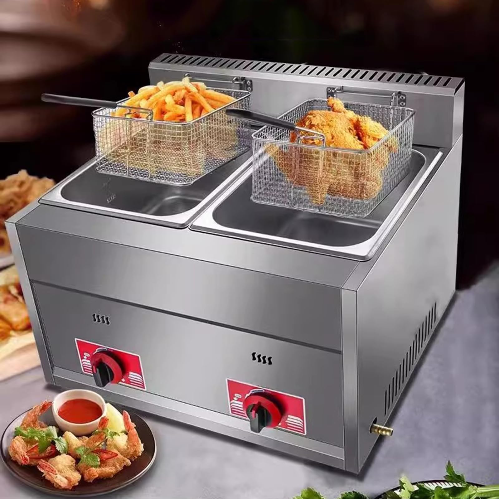 Friggitrice a Gas da 20 L, Friggitrici in Acciaio Inox con Frittura Cestello e Coperchi, Potenza di Fuoco Regolabile, Facile da Pulire, Friggitrice a Olios da Banco per Casa Commerciale (10L+10L)