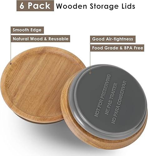 Miniatura 5 de Paquete de 6 tapas de boca ancha para frascos de masón, tapas de almacenamiento de madera reutilizables con sello de silicona para frascos de boca