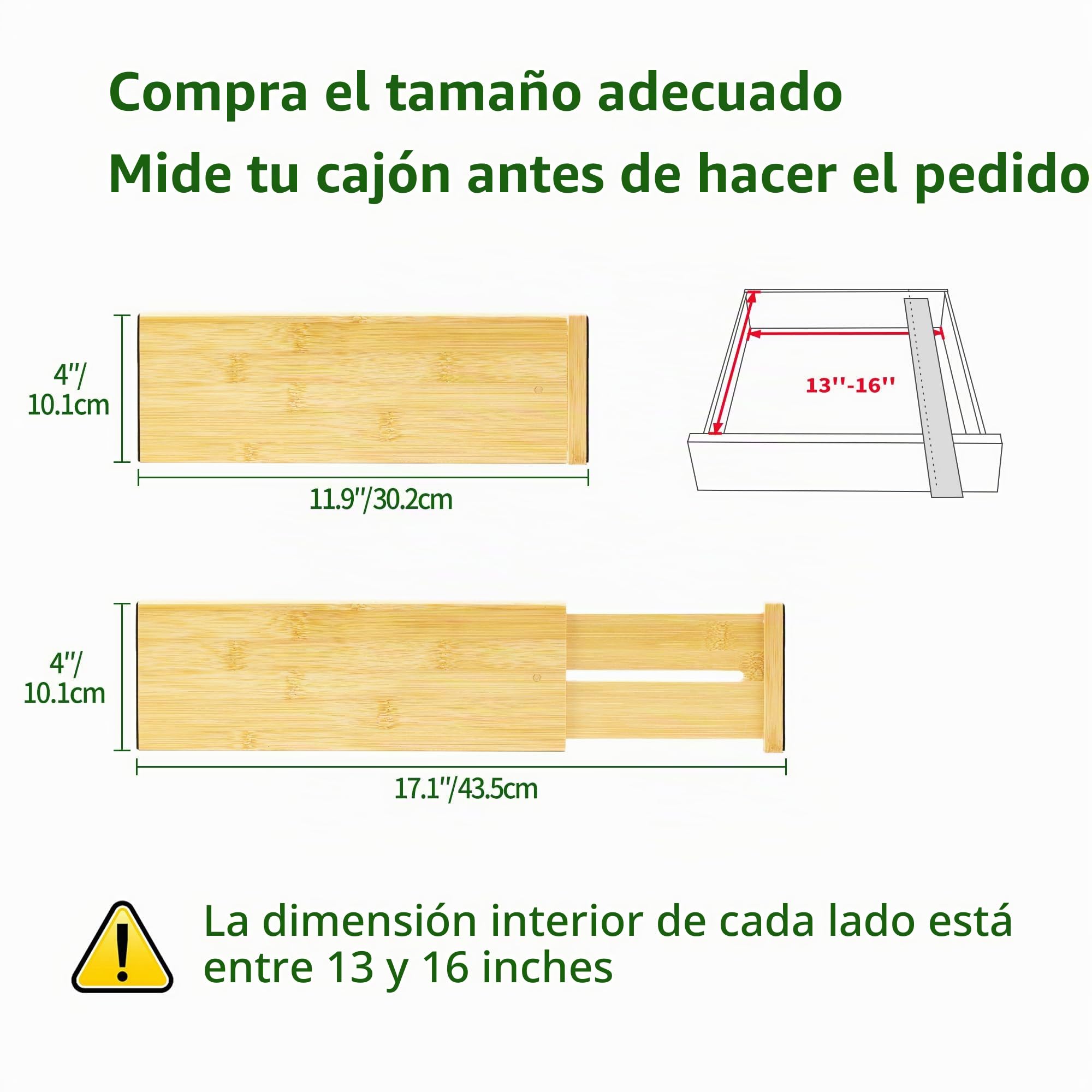 VaeFae Juego de 3 Separadores de Cajones Ajustables de Bambú, Extensibles de 30,2 a 43,5 cm, Organizadores para Cajones de Ropa, Cocina, Armario y Oficina