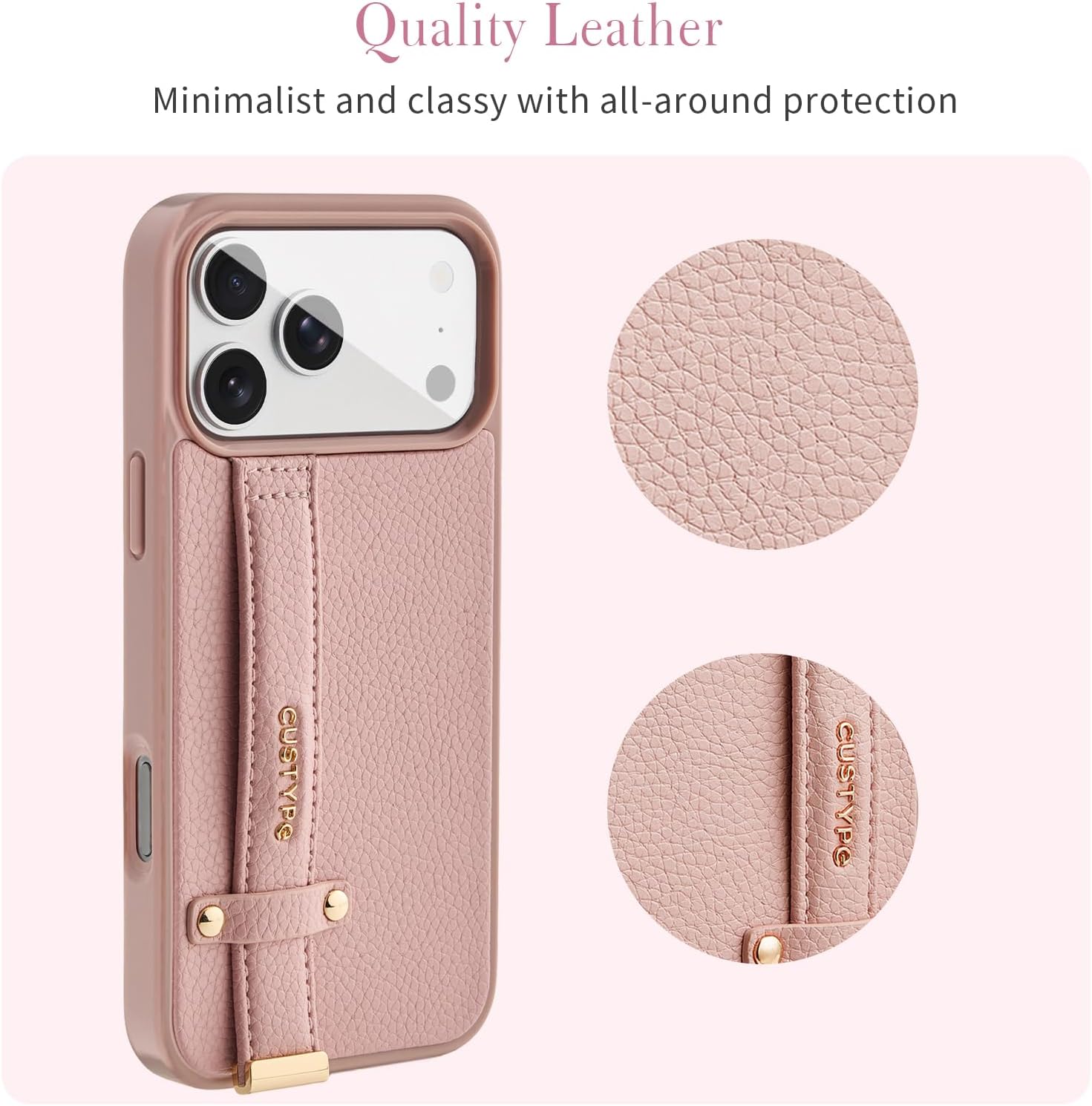 CUSTYPE for iPhone 18 Pro 6.3" Case with Adjustable Strap Kickstand Pink
