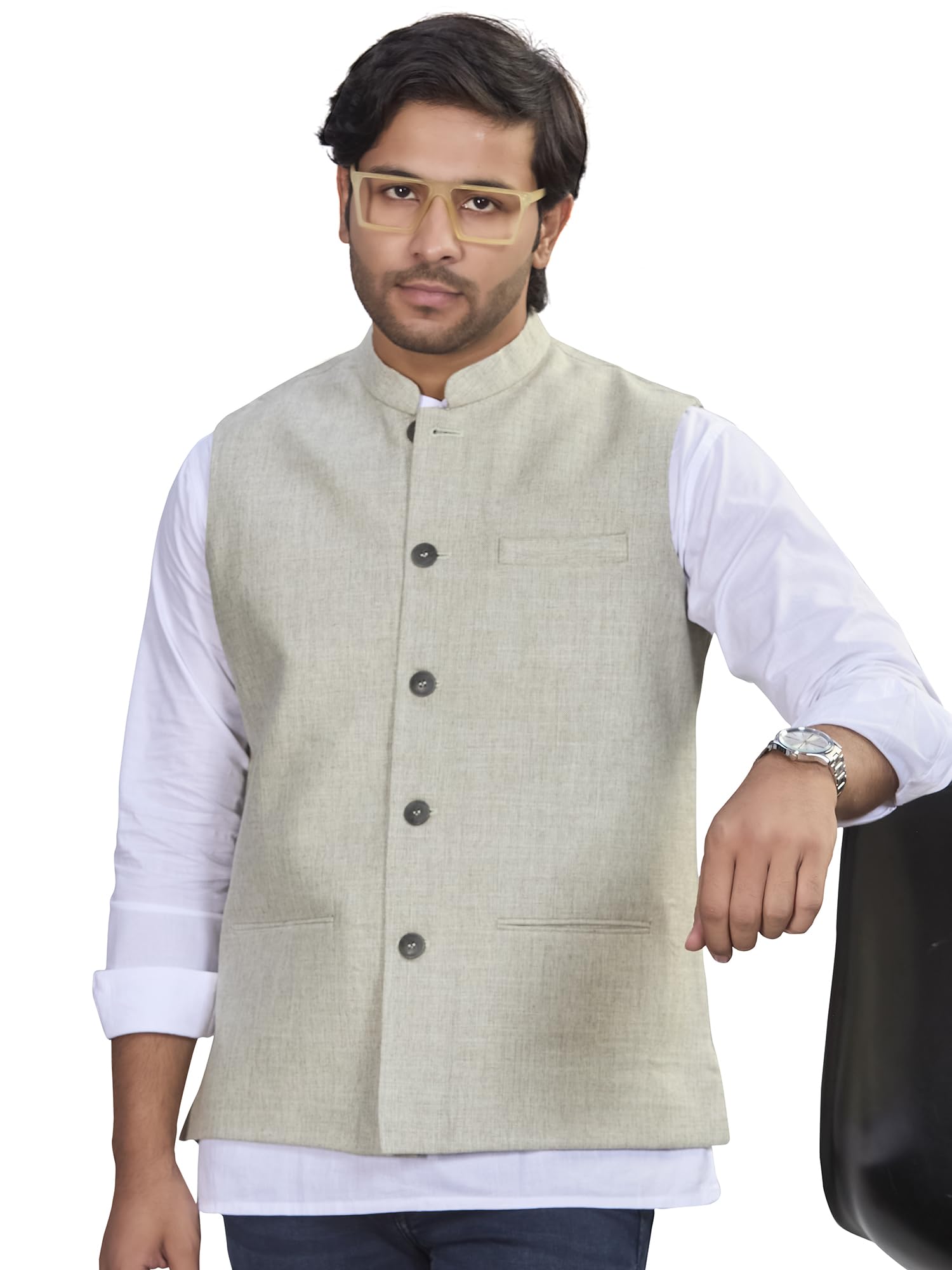authentics Classic Linen Cotton Khaadi-Slub Premium Nehru Jacket, Regular Fit | Casual Ethnic Wear | Perfect For Any Occasion | Satin Lining | 120 Gsm Fusing On Front & Back-picture-10