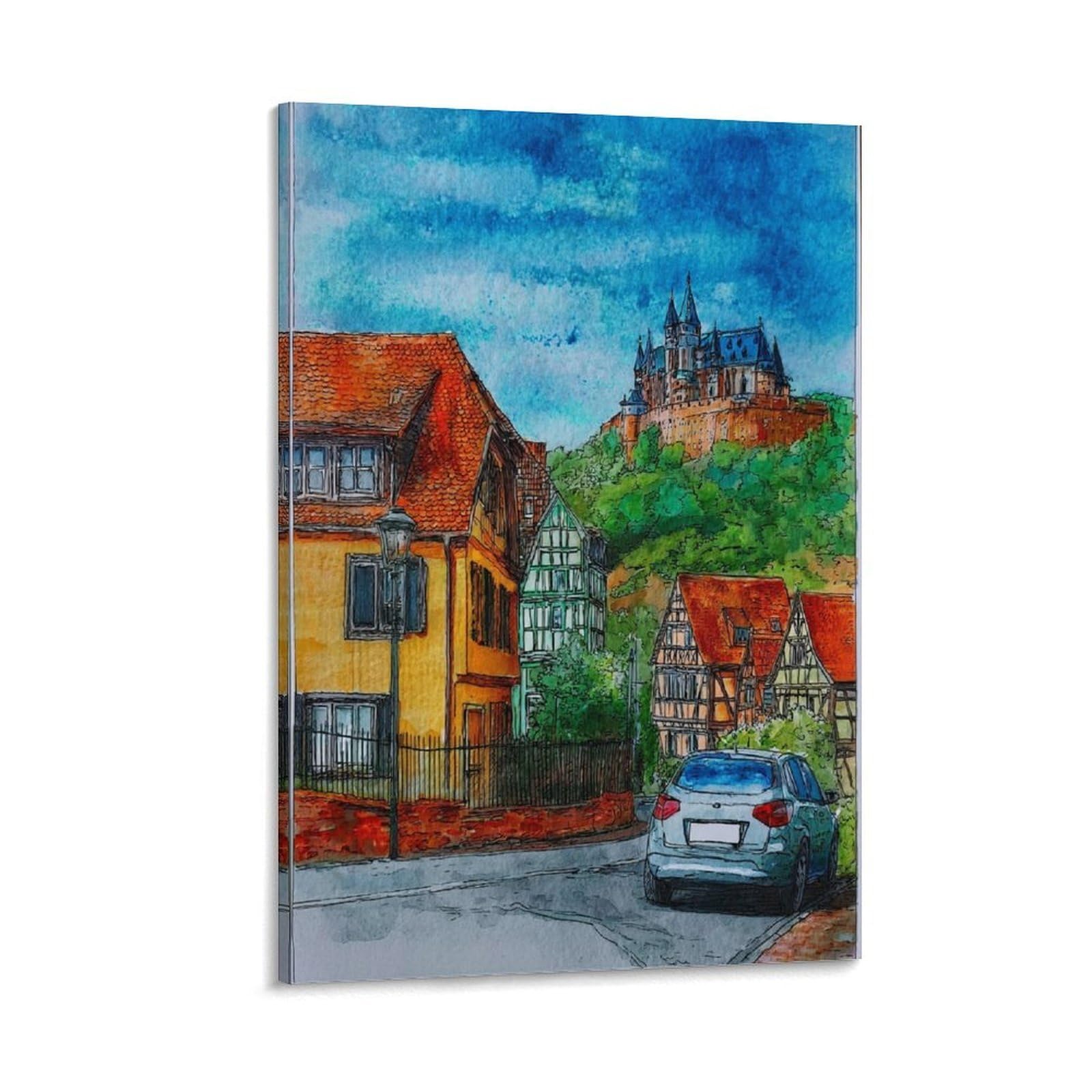 Lcynnh Frame-Style Wernigerode Germany 24X36inch(60X90cm) Vintage Travel Poster Watercolor Canvas Art
