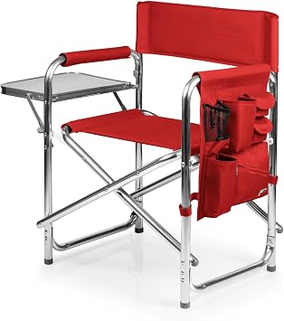 PICNIC TIME Sports Chair with Side Table and Armrest Caddy, Lightweight Aluminum Folding Outdoor Camping Chair for Adults, Portable Director Style Lawn Seating with Pockets & Carry Strap, Red
