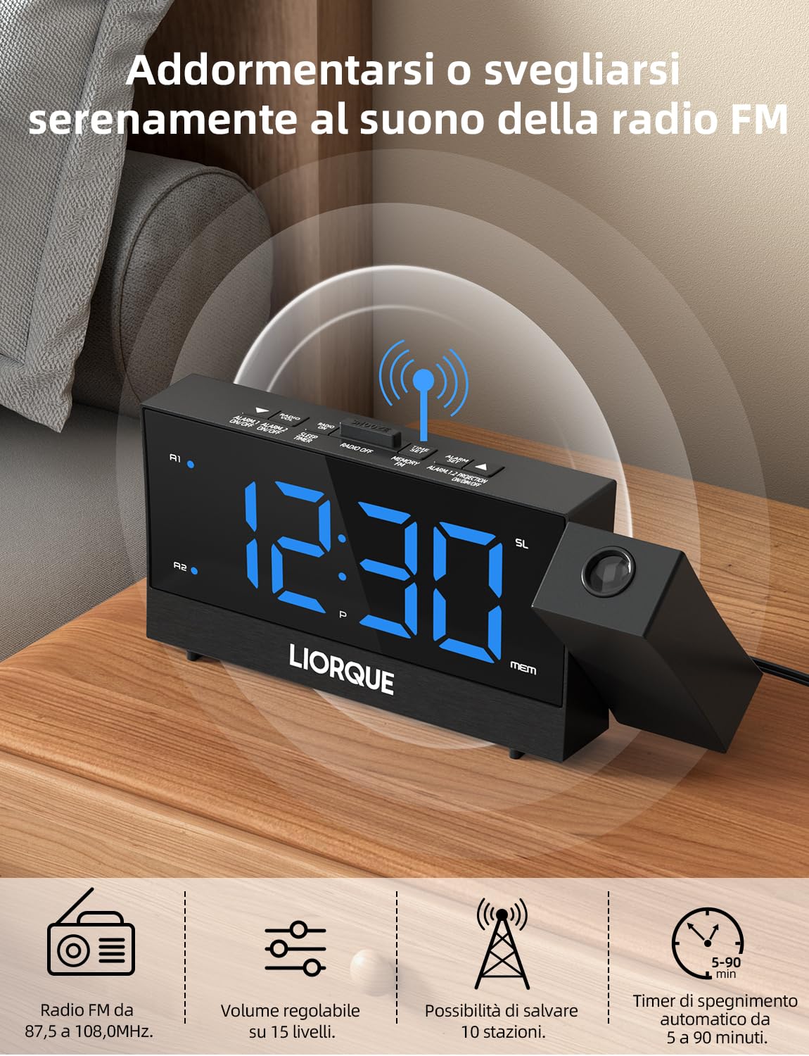 LIORQUE Sveglia con Proiettore a Soffitto, Radiosveglia con Proiettore a Grande Schermo, Sveglia Digitale con Doppia Sveglia, Funzione Snooze, Regolazione Infinita Della Luminosità, 2 Porte USB