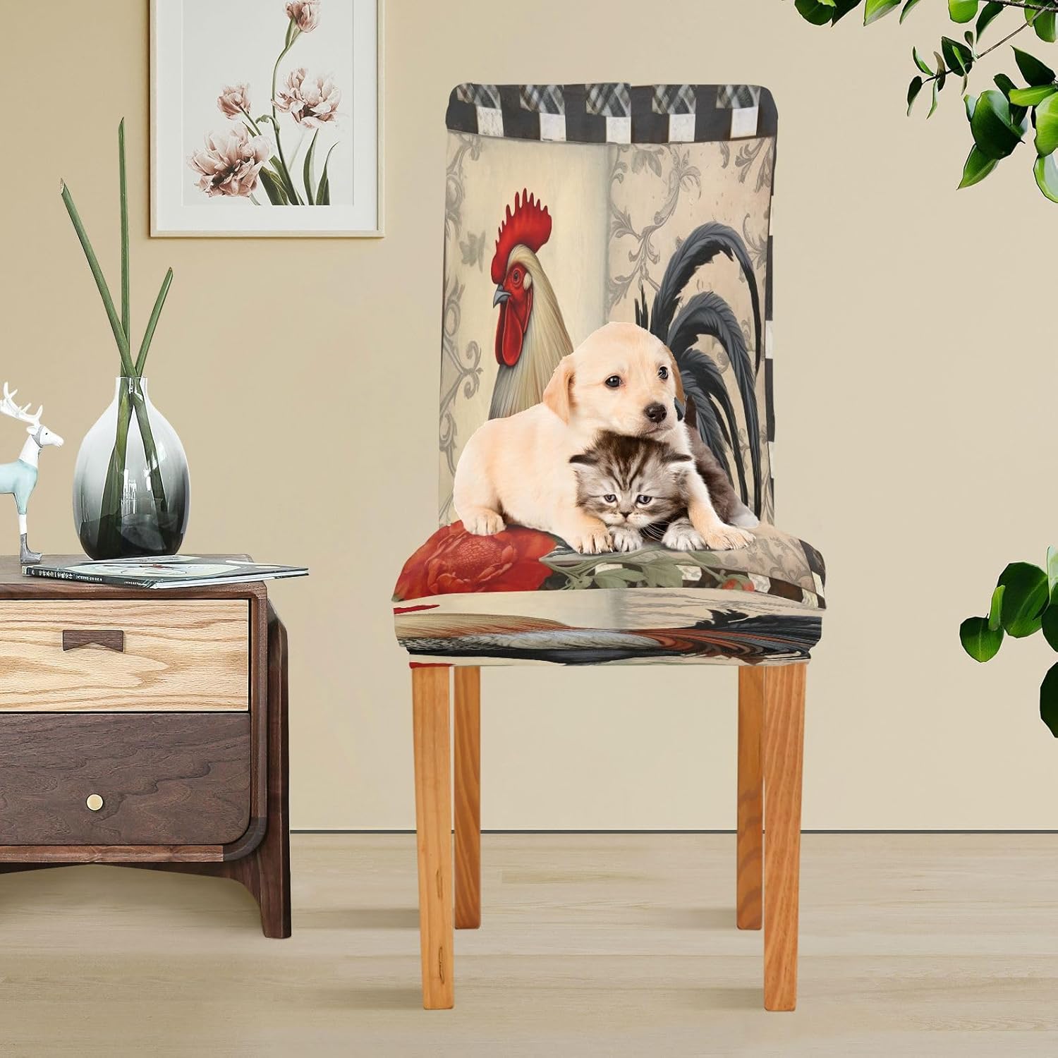 Vintage Rooster Chair Covers for Dining Room Set of 4, Fit Stretch Spandex Removable Washable Kitchen Chair Protector Cover for Dining Hotel Wedding Party Home Decor