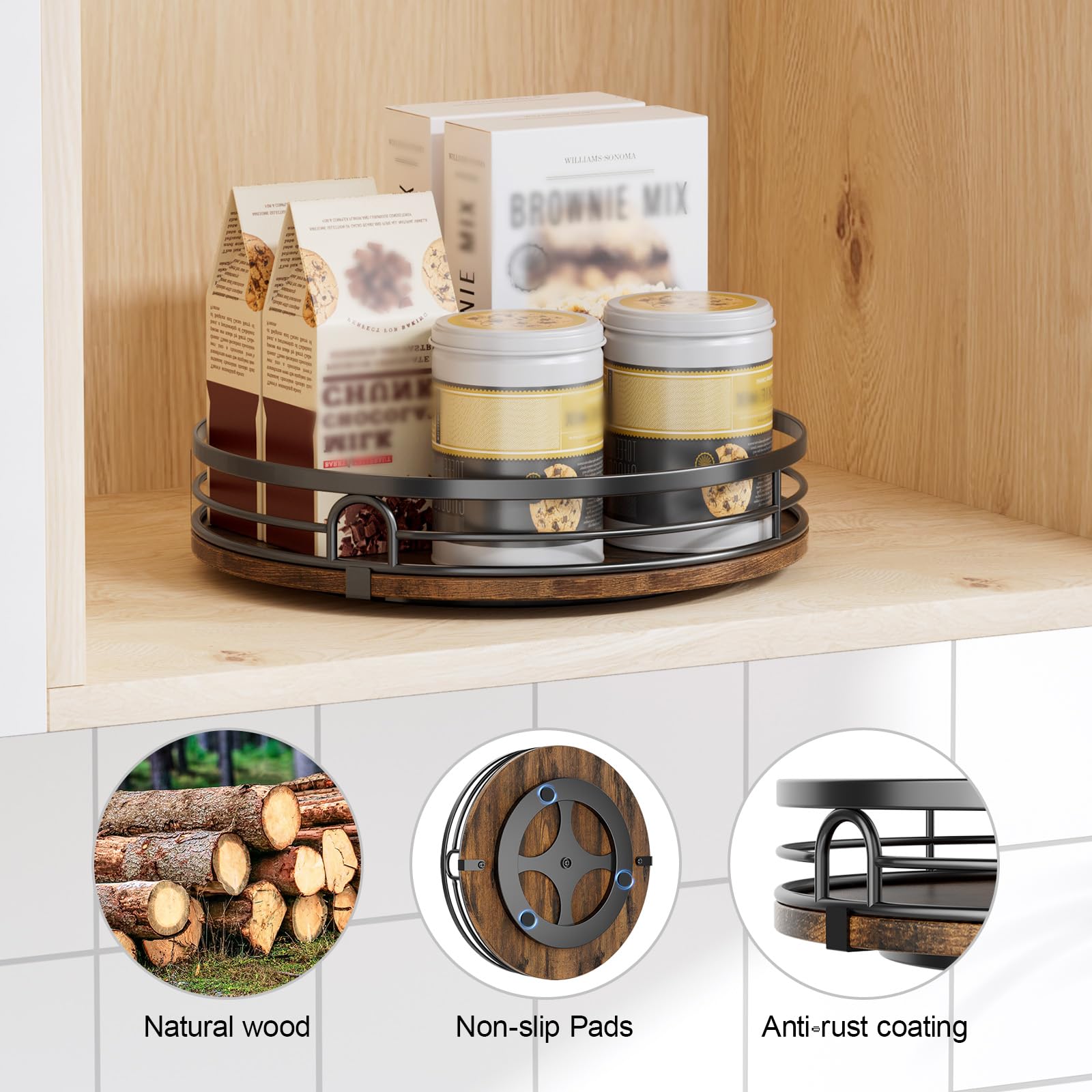 Lazy Susan - Organizador giratorio de 9 pulgadas para gabinete, redondo de madera Lazy Susan para mesa, encimera, cocina, despensa, especias, tocador de baño, decoración 2