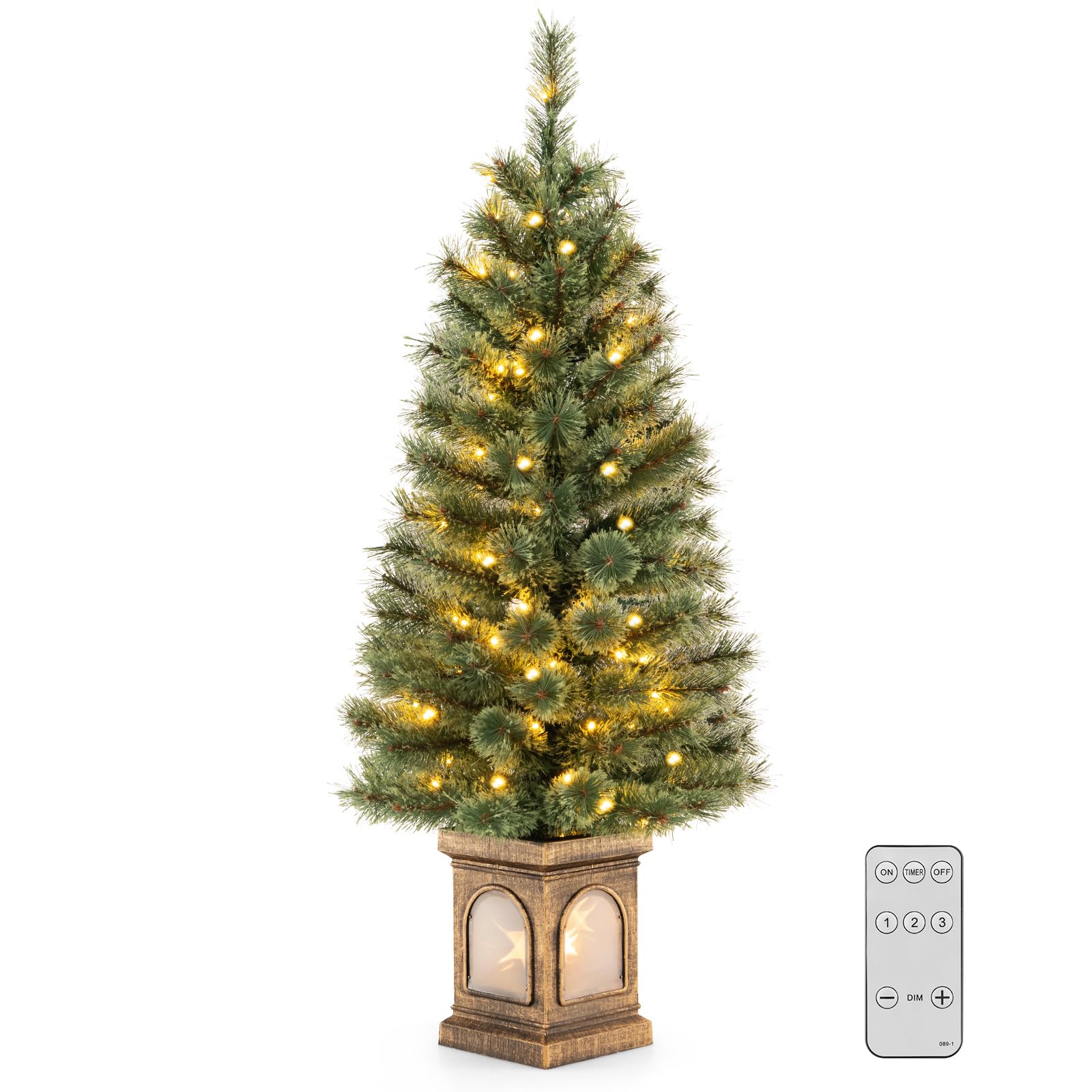 COSTWAY Albero di Natale Piccolo da Tavolo 120 cm, Albero di Natale Artificiale in Vaso con Luci e Rami Densi, Decorazione Natalizia per Casa, Ufficio e Negozio (Verde e Bronzo)