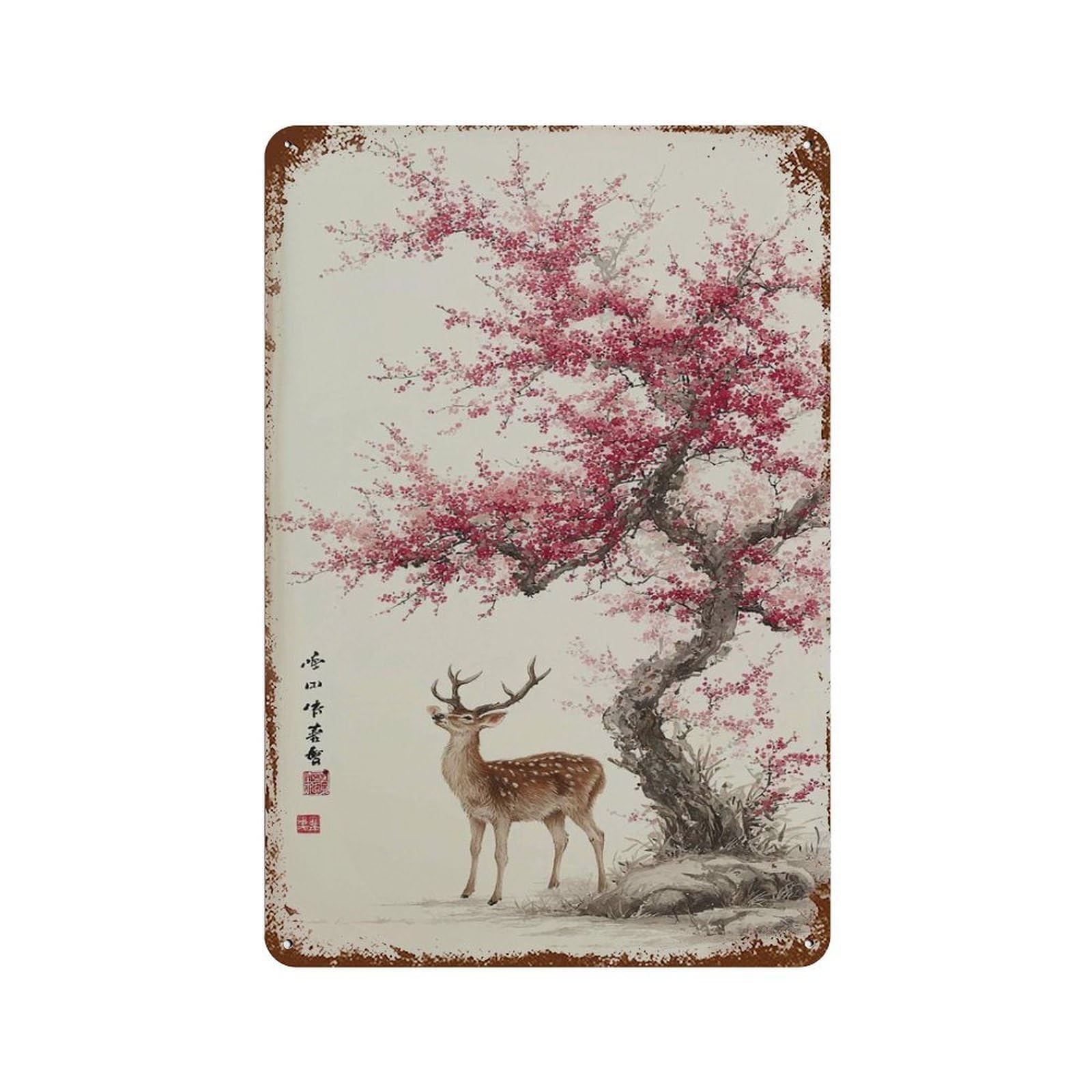 xiaoxiaoshen Cherry Blossom Deer Japanese Ink Painting Nature Zen Asian Wildlife Tranquil Wor Wall Decor Art Metal Tin Poster Modern Home Decor Art Home Bar Shop Decorations Vintage Sign 30x20cm