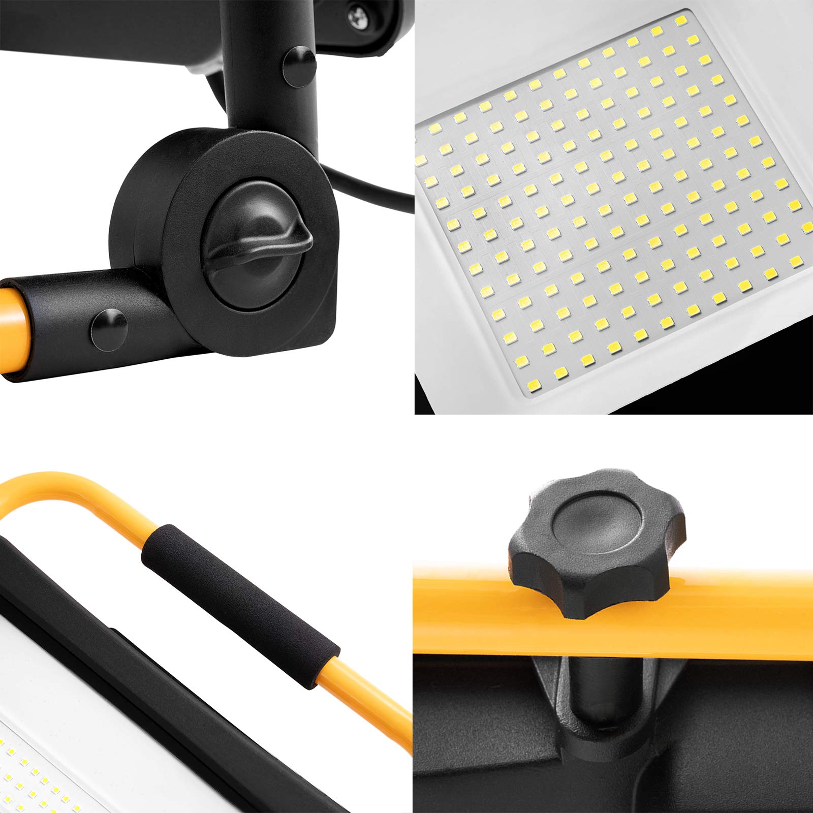 Aufun Foco LED portátil de 200 W con enchufe, con cable de alimentación de 3 m, lámpara de construcción con brazo plegable, foco ajustable, IP66 resistente al agua para obras, talleres, blanco frío