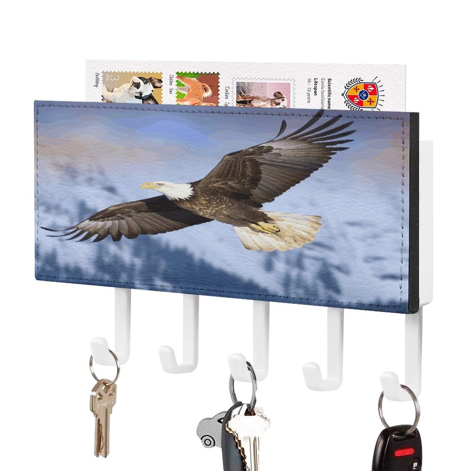 FekiLoot Bald Eagle Flying Key Holder for Wall Decorative Mail Organizer with 5 Key Hook Self Adhesive Key Rack with Tray Coat Rack Wall Mount Key Hanger Decor for Entryway Door