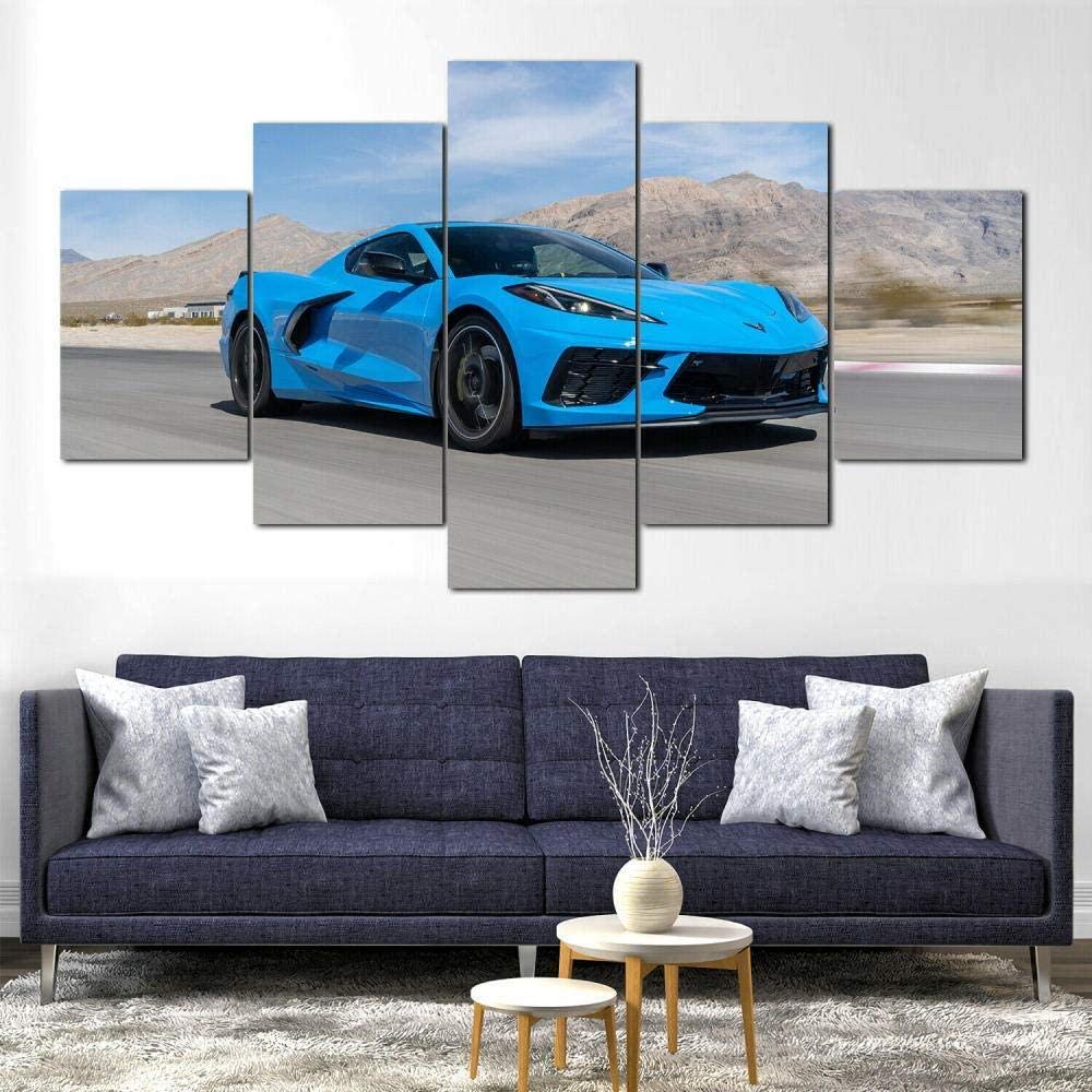 YOPLLL 5-Piece Canvas Wall Decoration Framed Painting Canvas Prints Gift Pack of 5 Canvas Pictures Modern Wall Pictures XXL Living Room Home Decor Corvette C8 Blue Super Car in Multiple Parts (Framed)