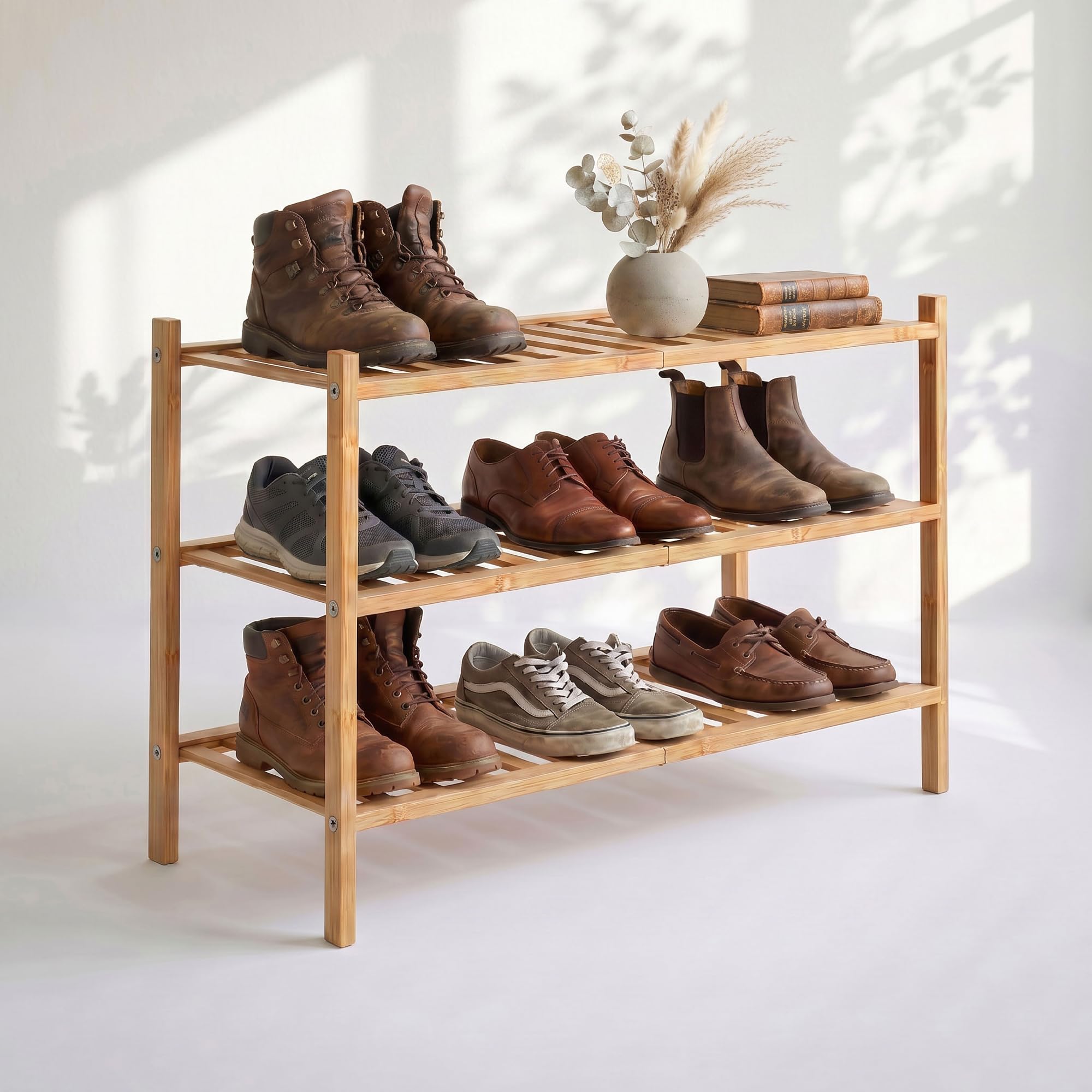 Meuble à Chaussures Entrée - Rangement Chaussures - Étagère Bambou | BAM BOO BOX Étagère à Chaussures 3 Niveaux Bambou – Range Souliers Gain de Place 68x28x46,5 cm – Support Empilable
