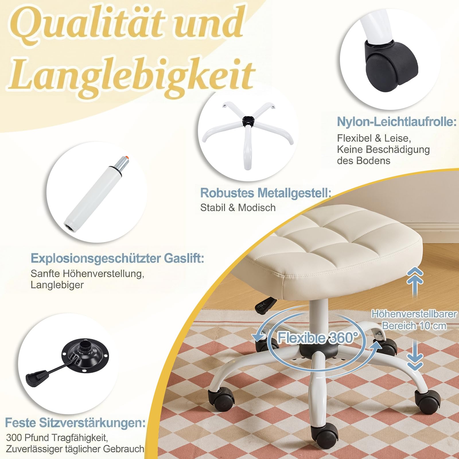 Bonnlo Bürostuhl ohne Armlehne, Kleiner komfortabler schreibtischstuhl mit Rollen, Drehstuhl Höhenverstellbar für Büro, Schlafzimmer, Arbeitszimmer, Schminkstuhl aus Leder, Weiß