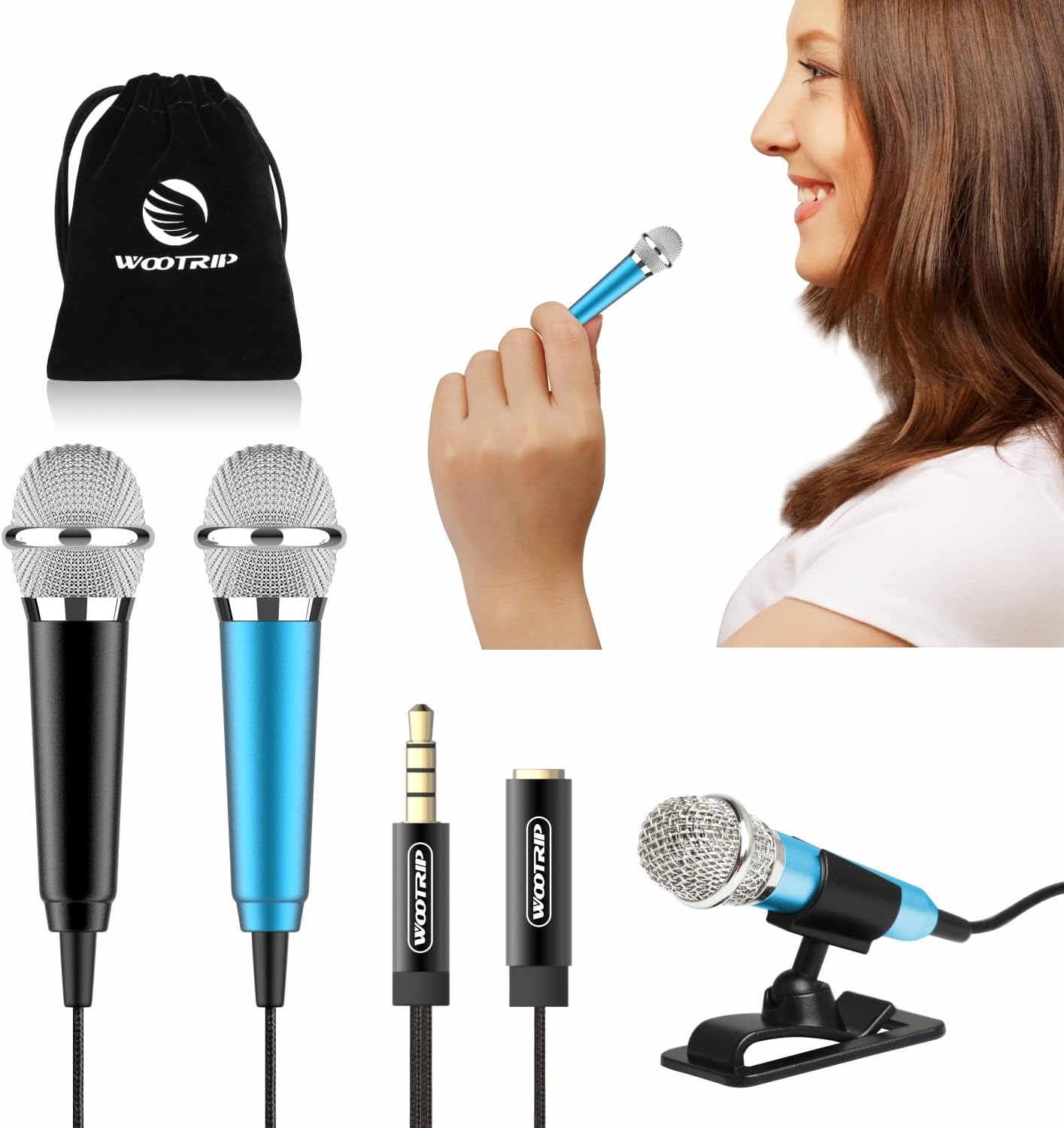 2PCS Mini Karaoke Microphone, Mini Voice Recording Microphone Portable Karaoke Mic for Singing, Voice Recording(Black/Blue)