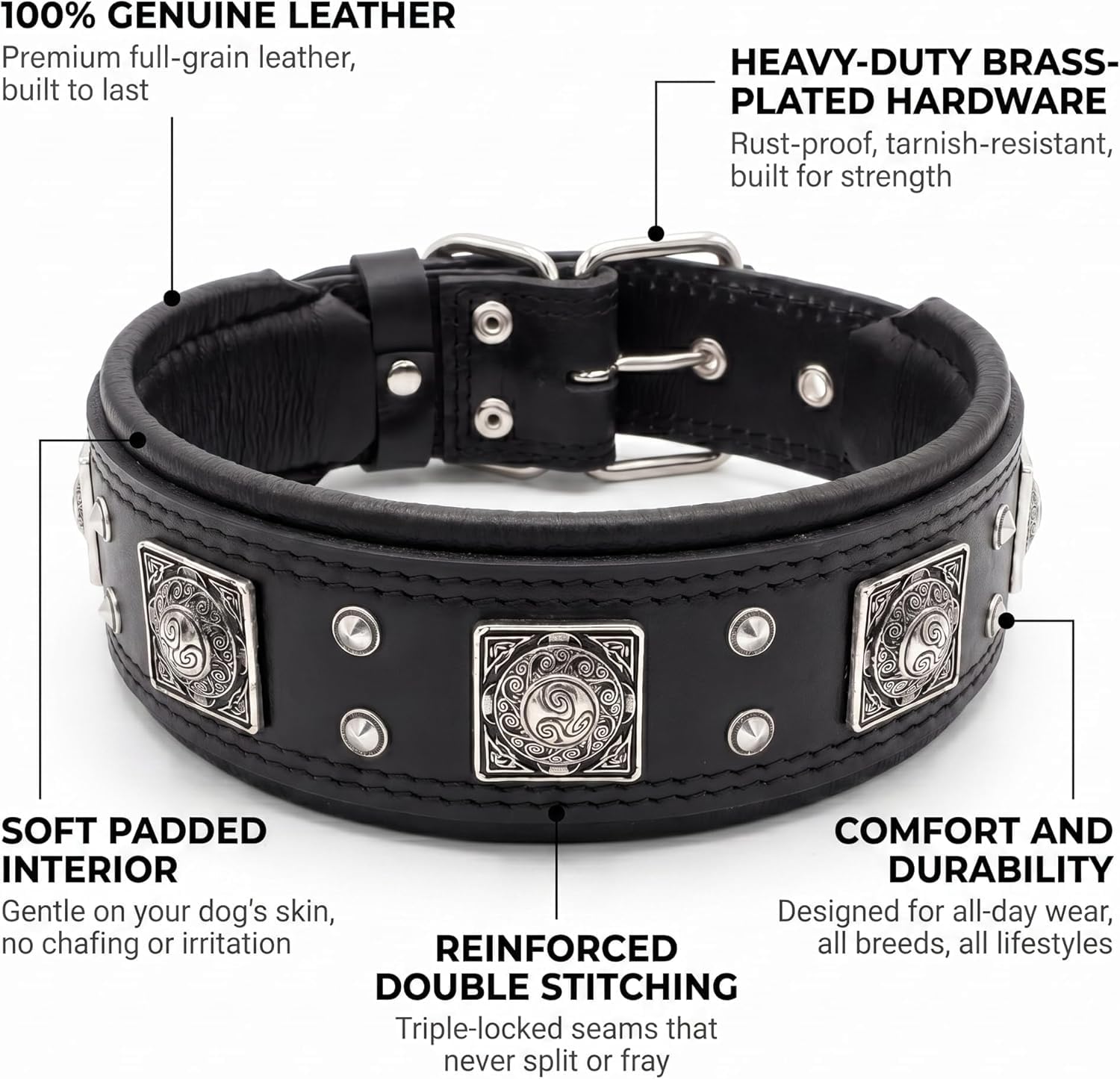 Bestia Eros'' Collar de Perro de Cuero Genuino Medio. Razas de Grandes tamaños. 100% Cuero. Clouté.rembourré. Hecho a Mano en Europa