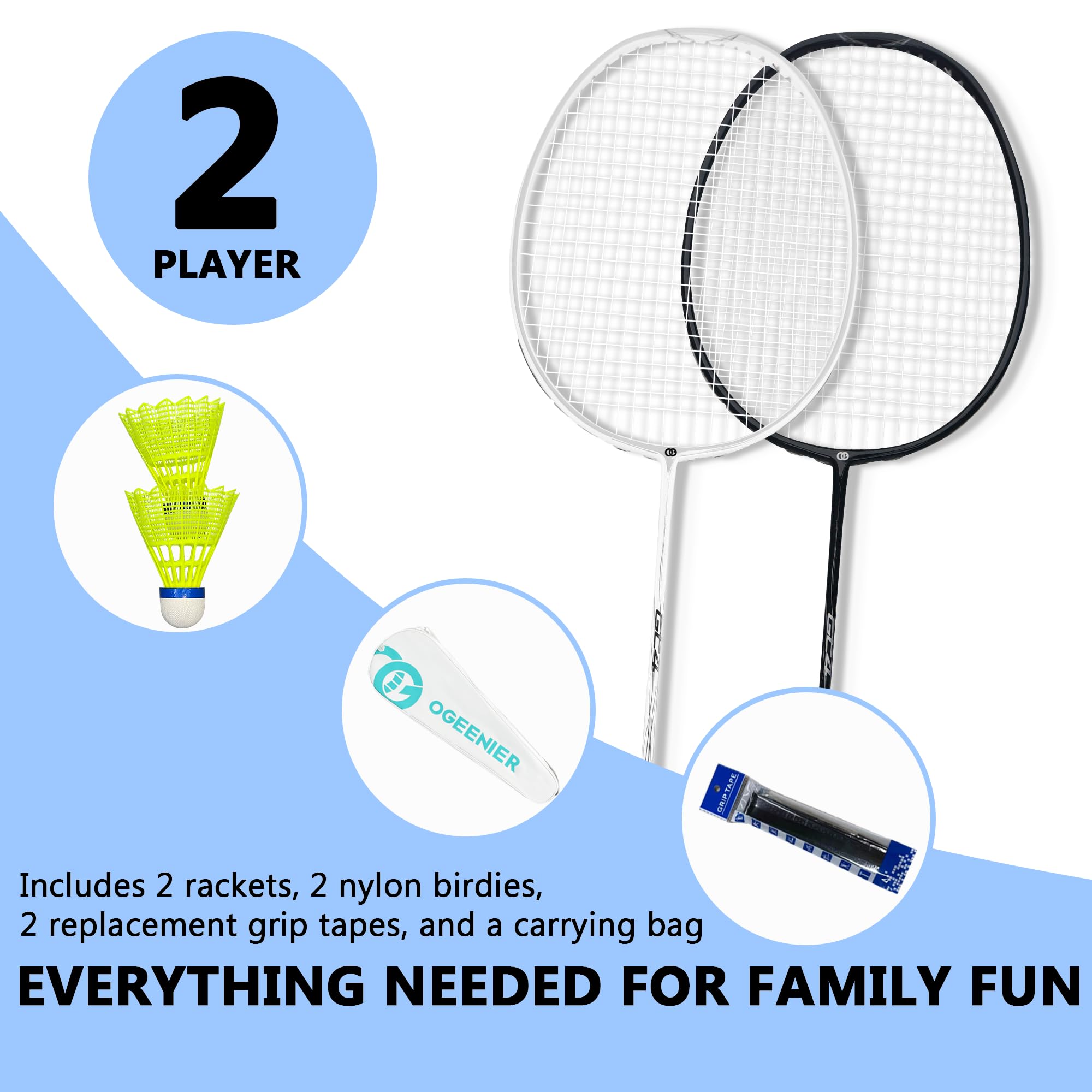 OGEENIER 3U Badminton Set Federball Set Badmintonschläger Profi mit Tasche | Federball Set: 2 Badmintonschläger, 2 Federbälle, 2 Griffbänder + Tasche. Ideal für Freizeit & Turnier.