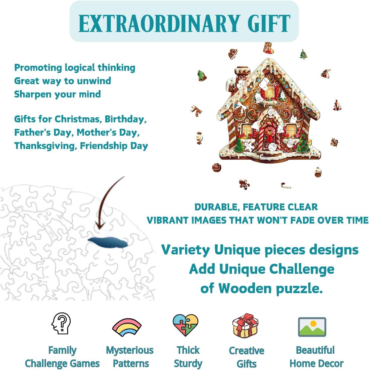 Wooden Puzzles Adults, Christmas Gingerbread House Unique Shaped Wood Puzzle, Challenging 185pcs Jigsaw Puzzle, Holiday Xmas Stocking Stuffers Gifts for Men Women, 11.5x11in Wall Decor