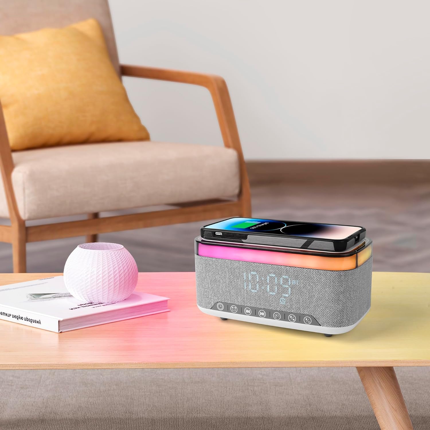 Lampe de Charge sans Fil, Reveil Chargeur Induction, Enceinte Bluetooth avec éclairage d'ambiance synchronisé avec la Musique, Réveil numérique,pour Chambre/Camping/décor de Salon