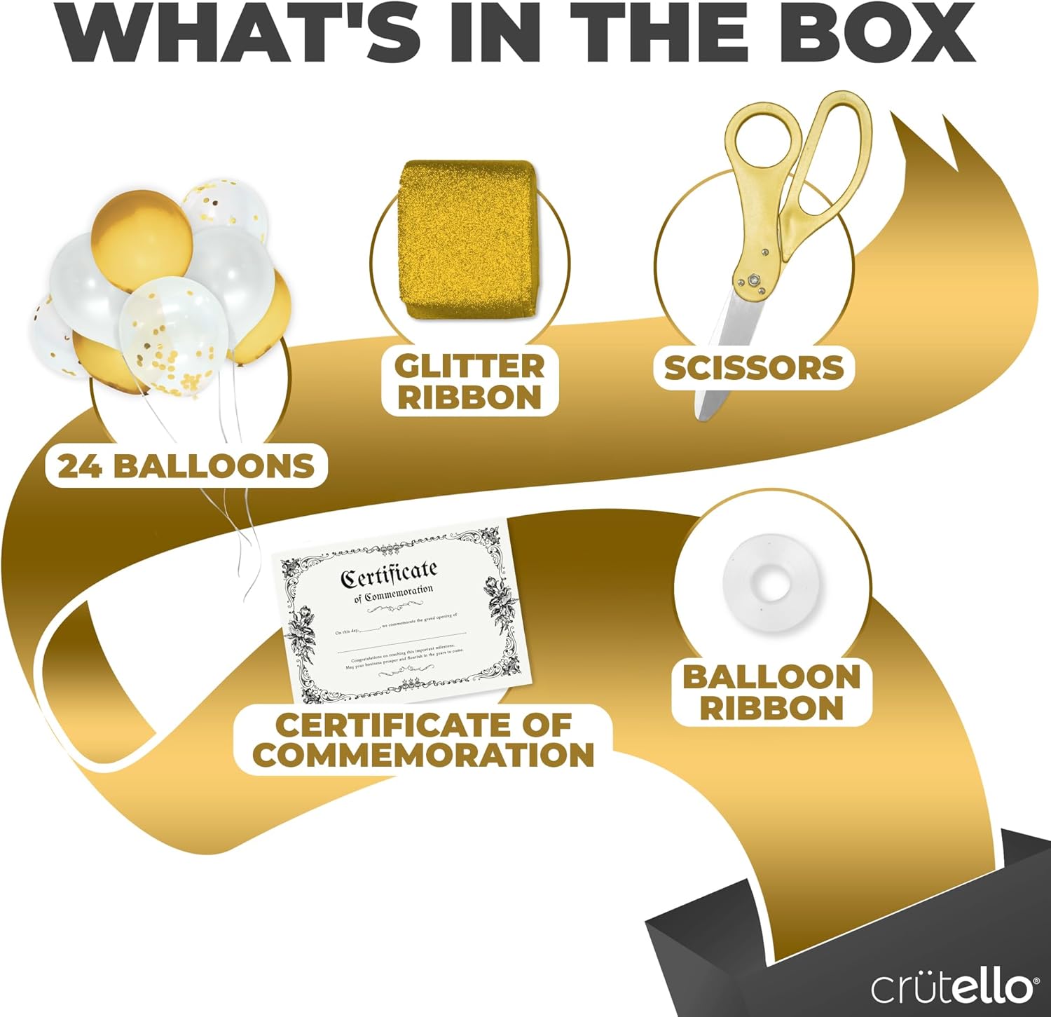 Crutello Ribbon Cutting Ceremony Kit - 20"Giant Scissors with Gold Handle, 30ft Sparkle Giant Gold Ribbon 4"Wide, 24 Balloons & 90ft Balloon Band for Grand Opening Decorations