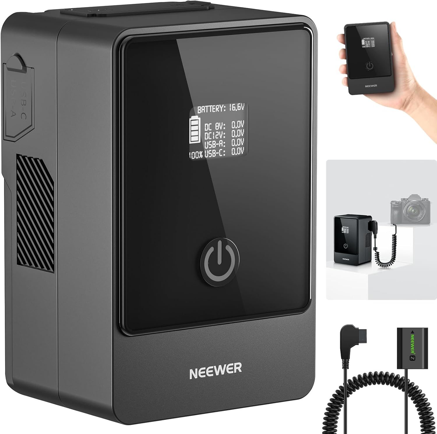 NEEWER PS099E Mini V Mount Battery 6800mAh 99Wh 14.5V with NP-FZ100 Dummy Battery 65W PD Type C/USB A/D Tap/BP/Dual DC/OLED Display for Camera Camcorder Monitor Compatible with SmallRig BMPCC 4K 6K