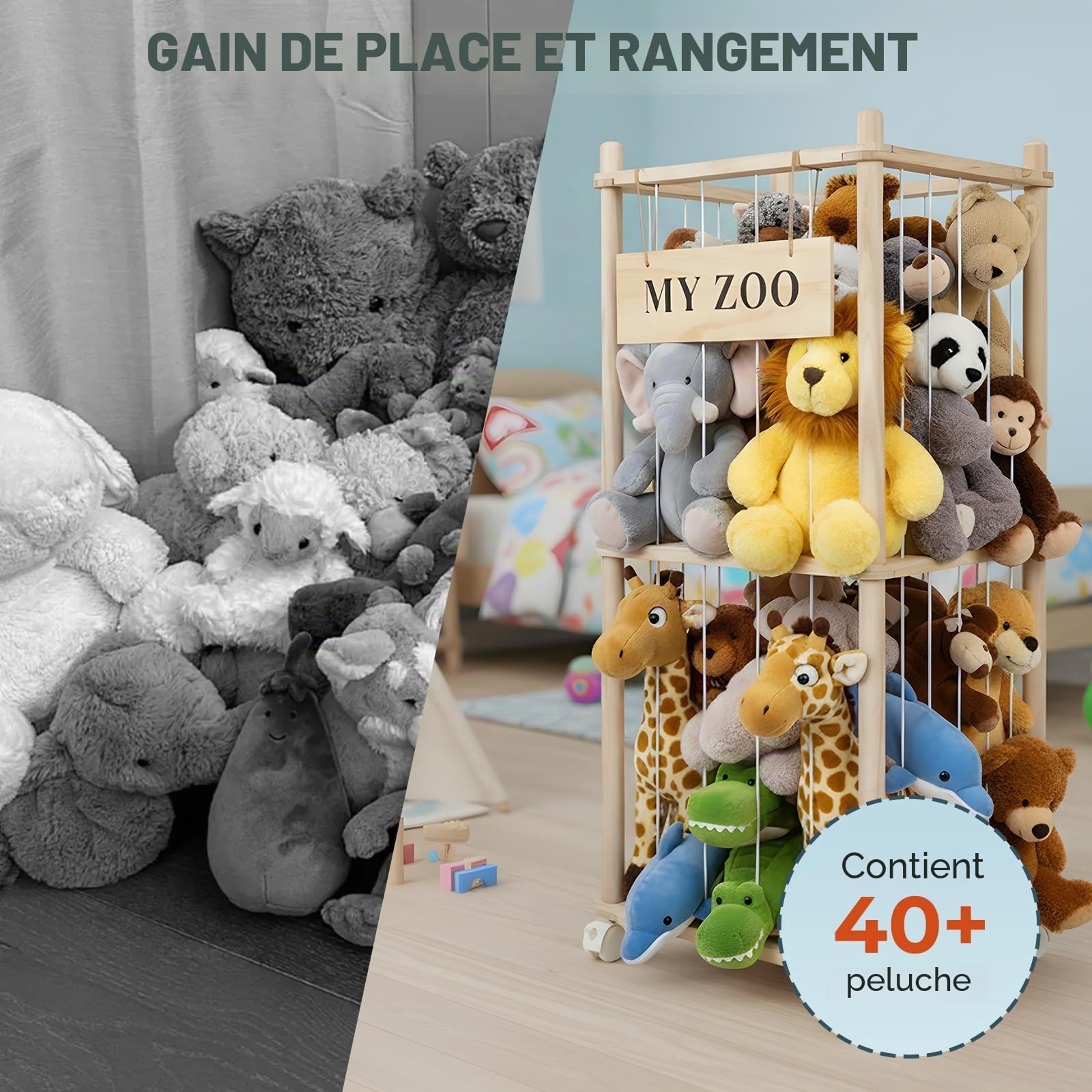 Rangement Peluche Enfant 2 Étages en Bois avec Roues 360° 138 x 41 cm Support Doudous Jouets Chambre Enfant