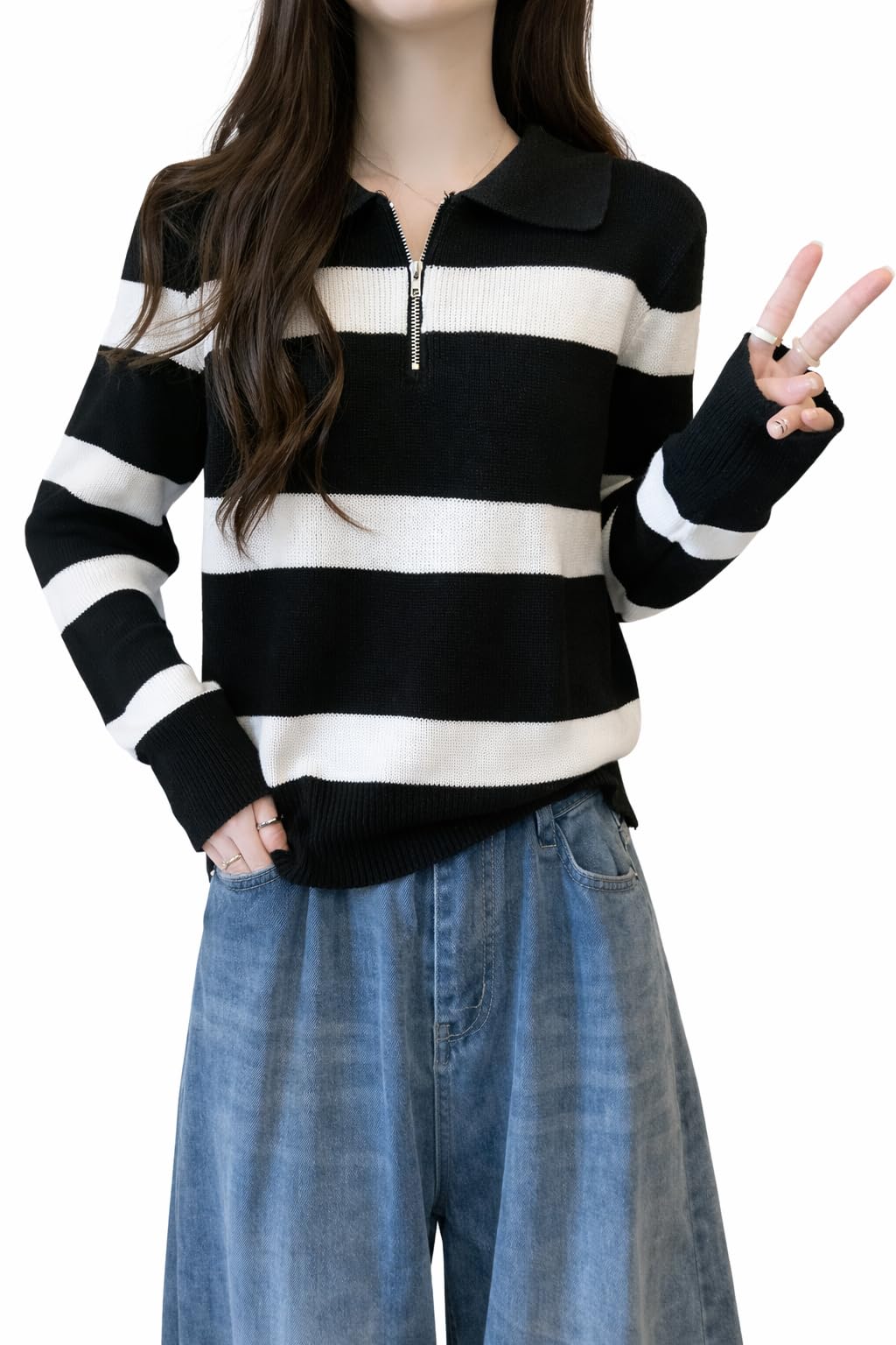 icw Women’s Striped Zip-Up Collar Knit Top Long Sleeve Ribbed Pullover Sweater Casual Loose Fit Winter Top for Women DN8332-picture-10