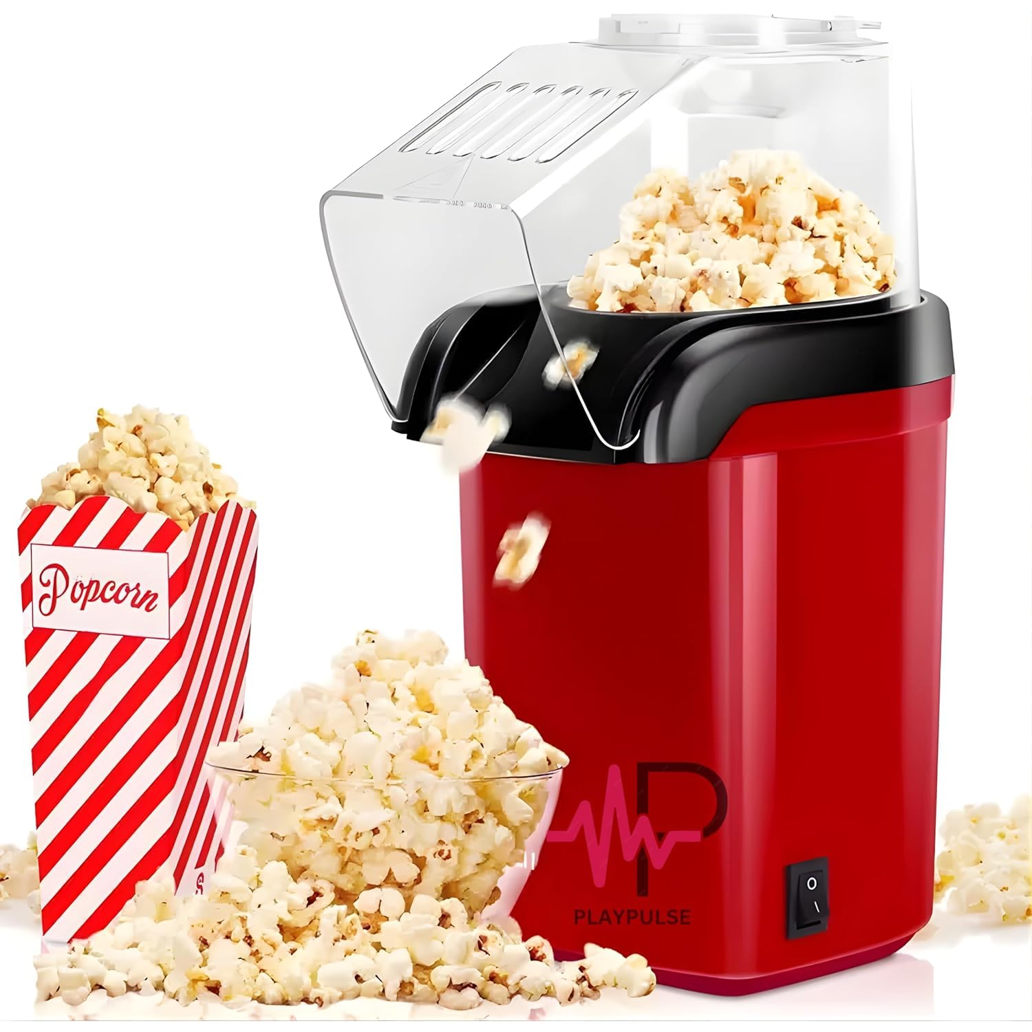 Electric Hot Air Popcorn Maker 1200W | Oil-Free Popcorn Popper for Home & Family | Quick 2–3 Minute Popping | Healthy Snack Machine (Red Color)-image-2