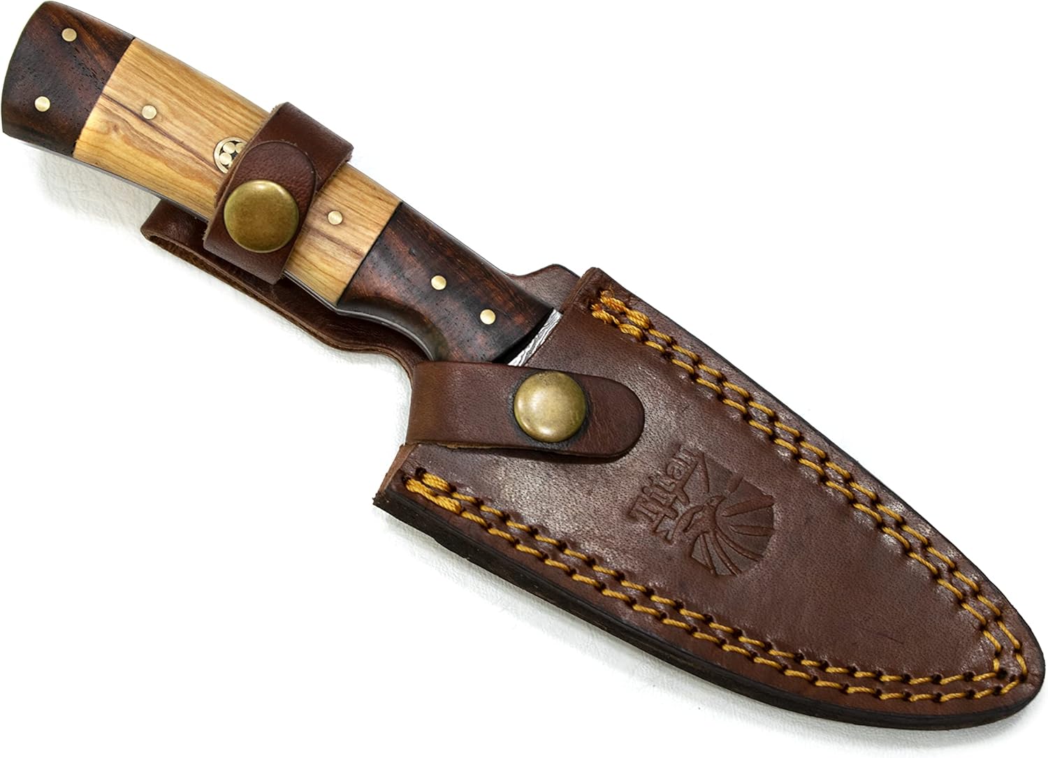 Titan International Knives 8.2" Damascus Steel Fixed Blade Hunting Knife | Handmade 1095 4340 Carbon Mix Hand Pounded | EDC Black Walnut and Olive Wood Handle | Leather Sheath Multi Purpose Survival and Camping