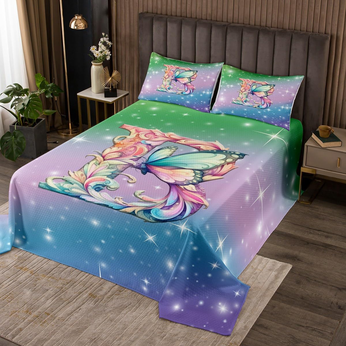 Initial Letter B Quilts Set for Kids Boys,Dreamy Butterfly Floral 3Pcs Bedspread Bedding Set,Gradient Starry Sky Bed Cover Set,Green Purple Blue Bedspread Coverlet with 2 Pillowshams (King Size)