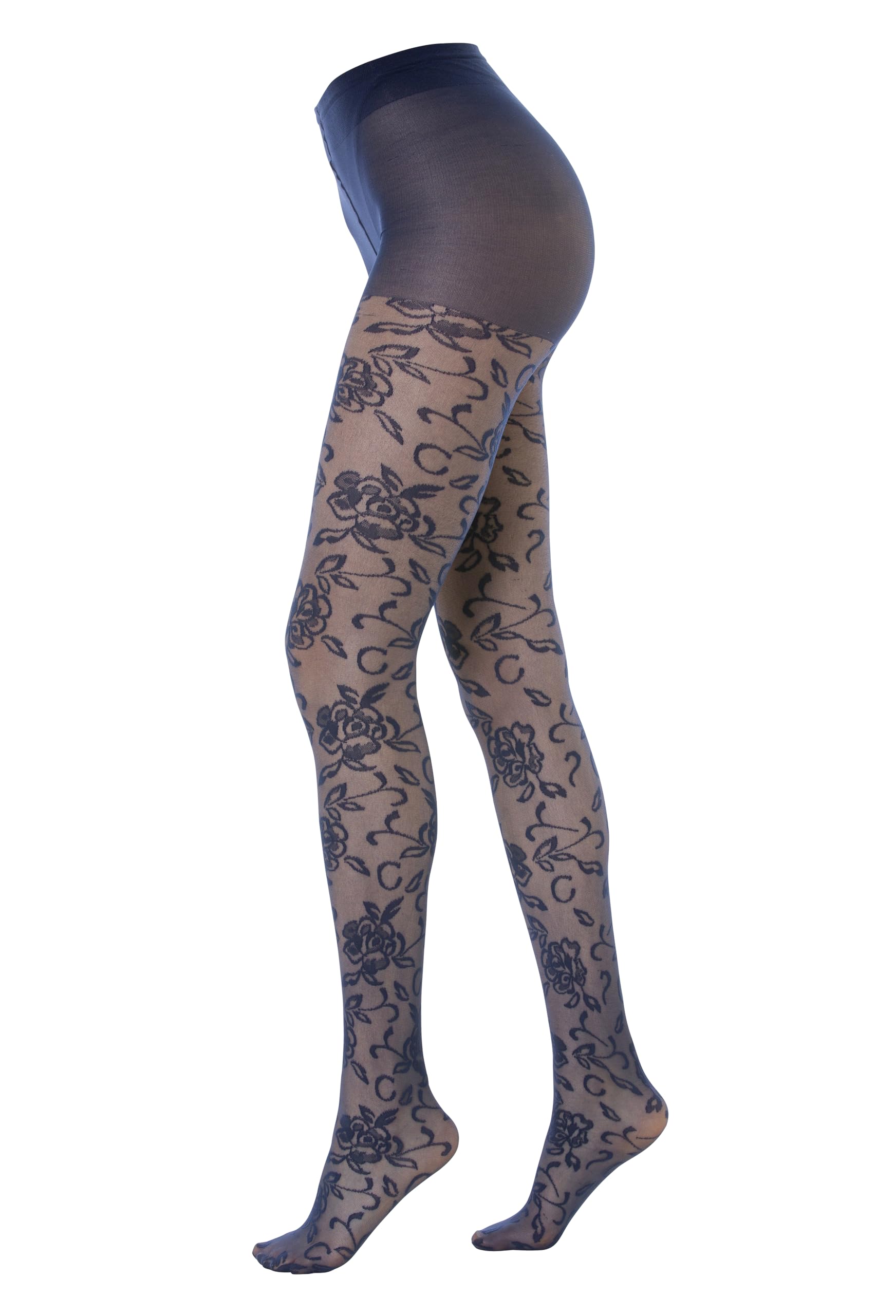 Gi&Gi Women's Blue Tights With Flower Pattern, Lace Tights For Characterized Floral Tone-On-Tone. 40 Denier N.1464, Dark S-M