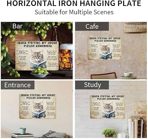 Miniatura 7 de Cartel de metal divertido con reglas de gato, letrero de metal de gato, texto en inglés When Visiting My House Please Remememe, decoración de pared,