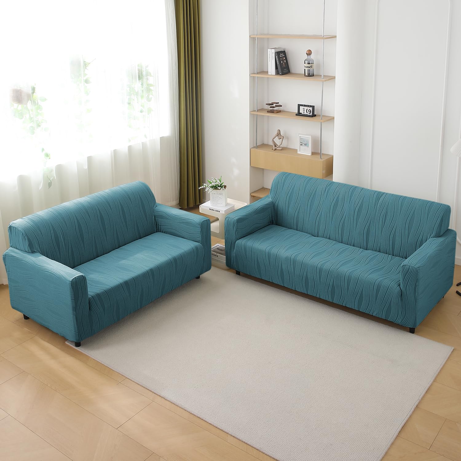 HOKIPO Knitting Jacquard Fully Covered Stretchable Sofa Cover 3 Seater and 2 Seater, Sea Blue (AR-5308-BL + AR-5309-BL)