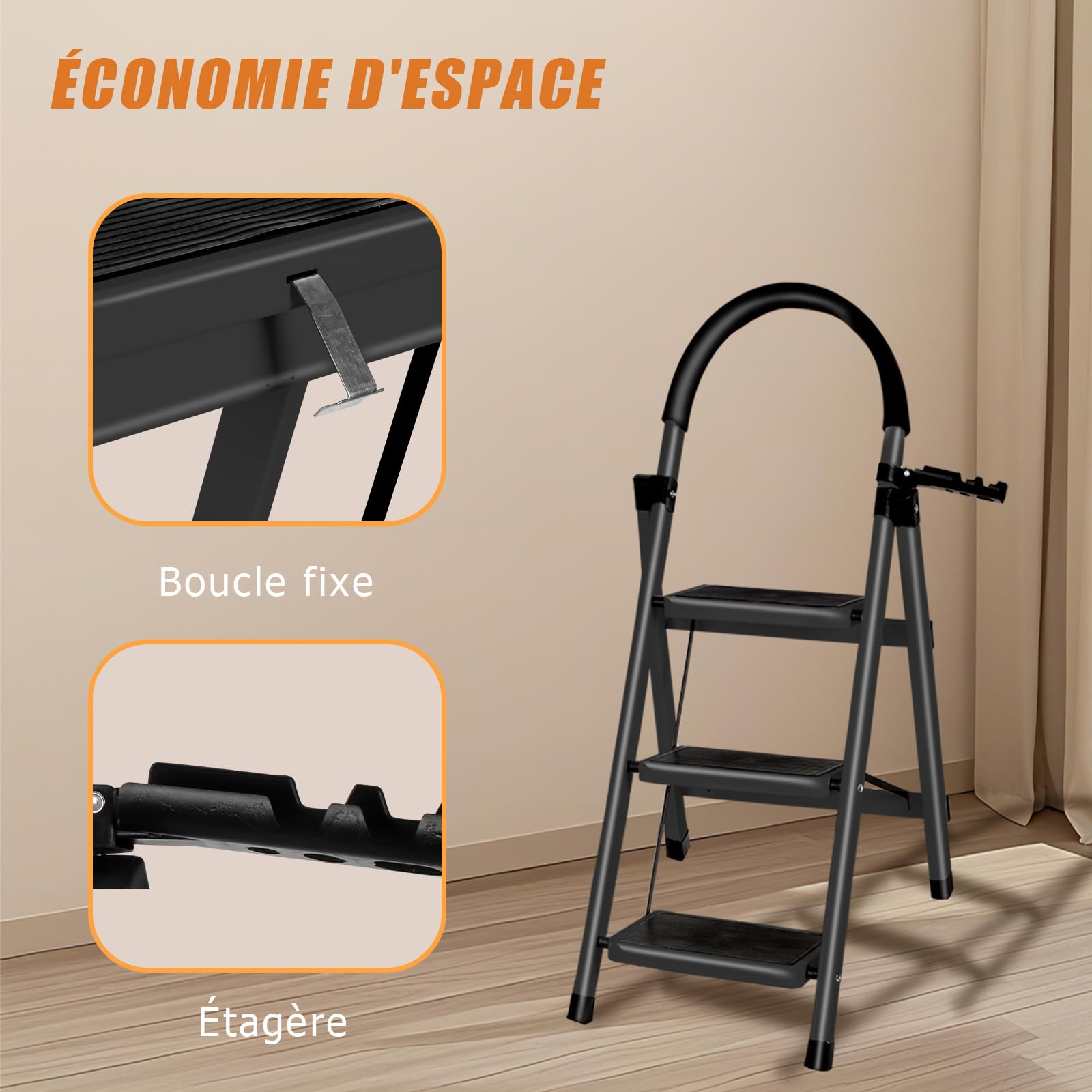 OHMG Escabeau 3 Marches avec Plateforme de Travail, Charge 150 kg Escabeau Pliable, Larges Marche Pied Pliable Antidérapantes, Tabouret en Acier Marche Pied Adulte,Charge 180 kg