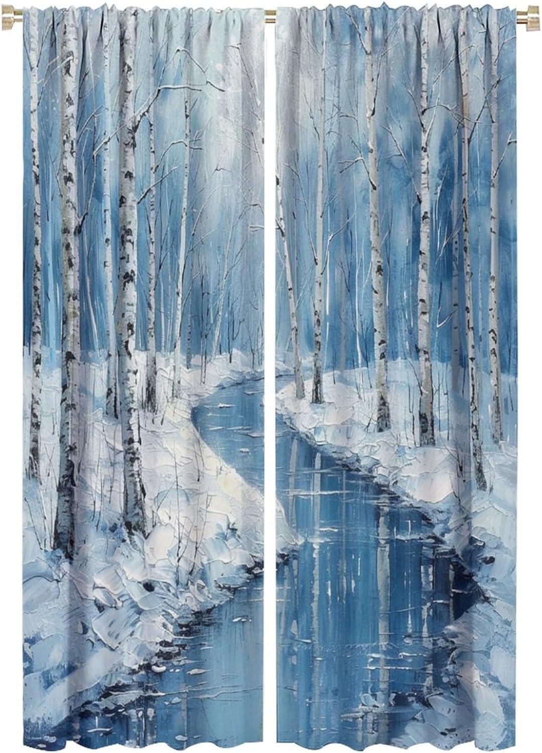 Winter Birch Tree Blackout Curtains, Snow River Landscape Home Decor Rod Pocket Window Drapes for Living Room Bedroom- 2 Panels, Each 21" W x 63" L